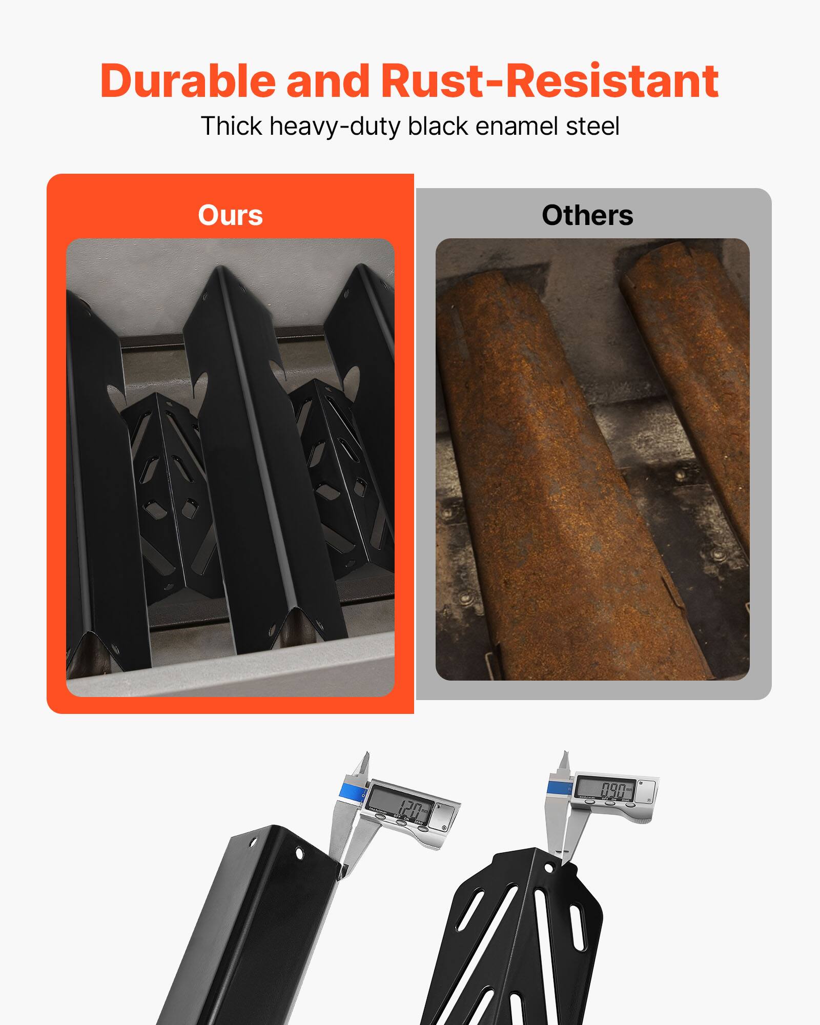 Durable and Rust-Resistant  
Thick heavy-duty black enamel steel  

Ours  
Others  

120  
090