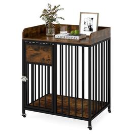 Costway - Dog Crate Furniture with Wheels, Metal Frame, Lockable Casters, Wide Tabletop - Rustic Brown+Black