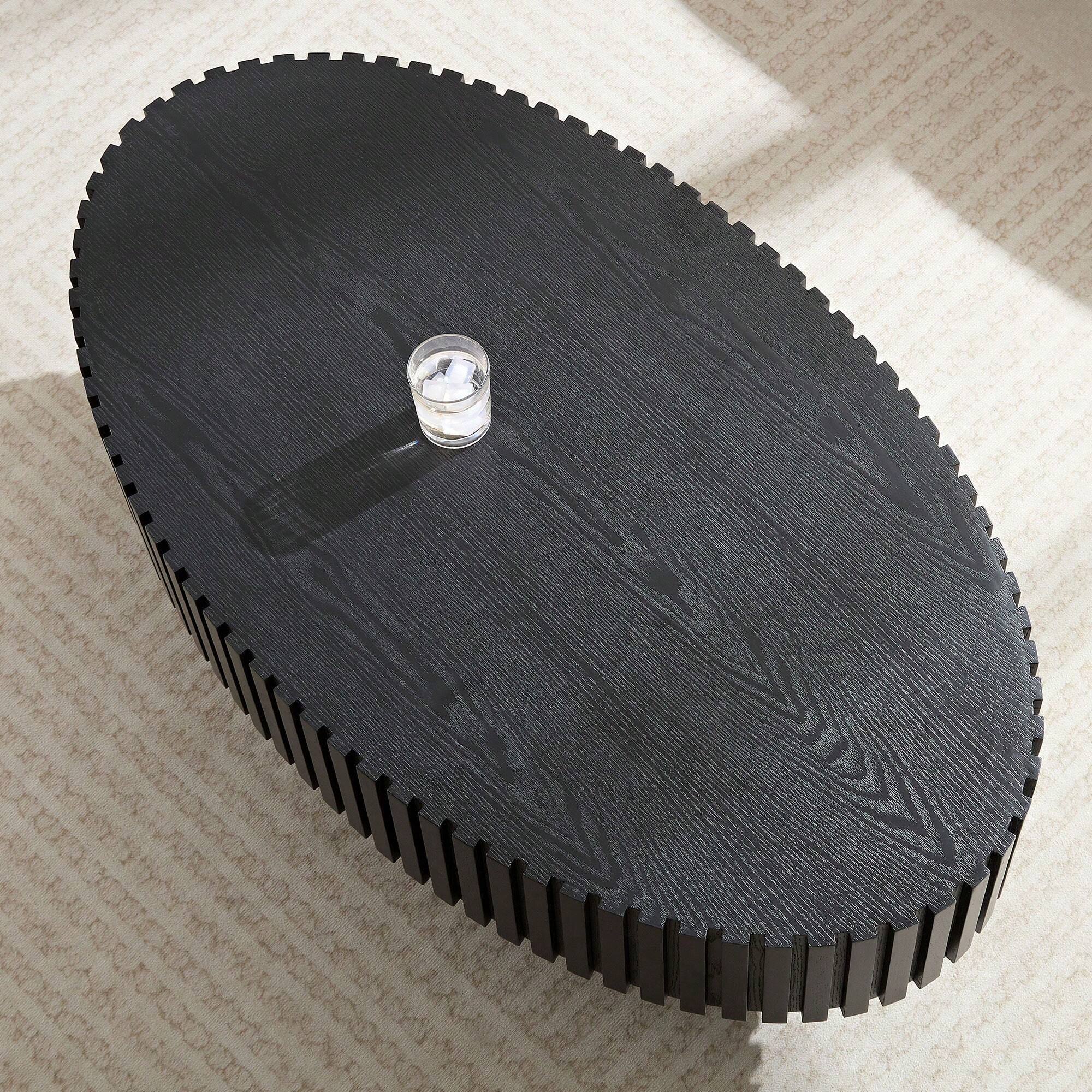 Alt View 2. Trinkets Crazed - Handcrafted Walnut Oval Coffee Table, Mid Century Modern Irregular Large 44 Inch Wood Drum Design - Black.