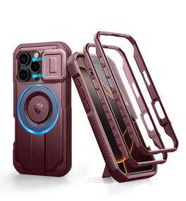 dexnor - for iPhone 16 Pro Case with Slide Camera Cover & Adjustable Kickstand & Built-in Screen Protector - Maroon Red