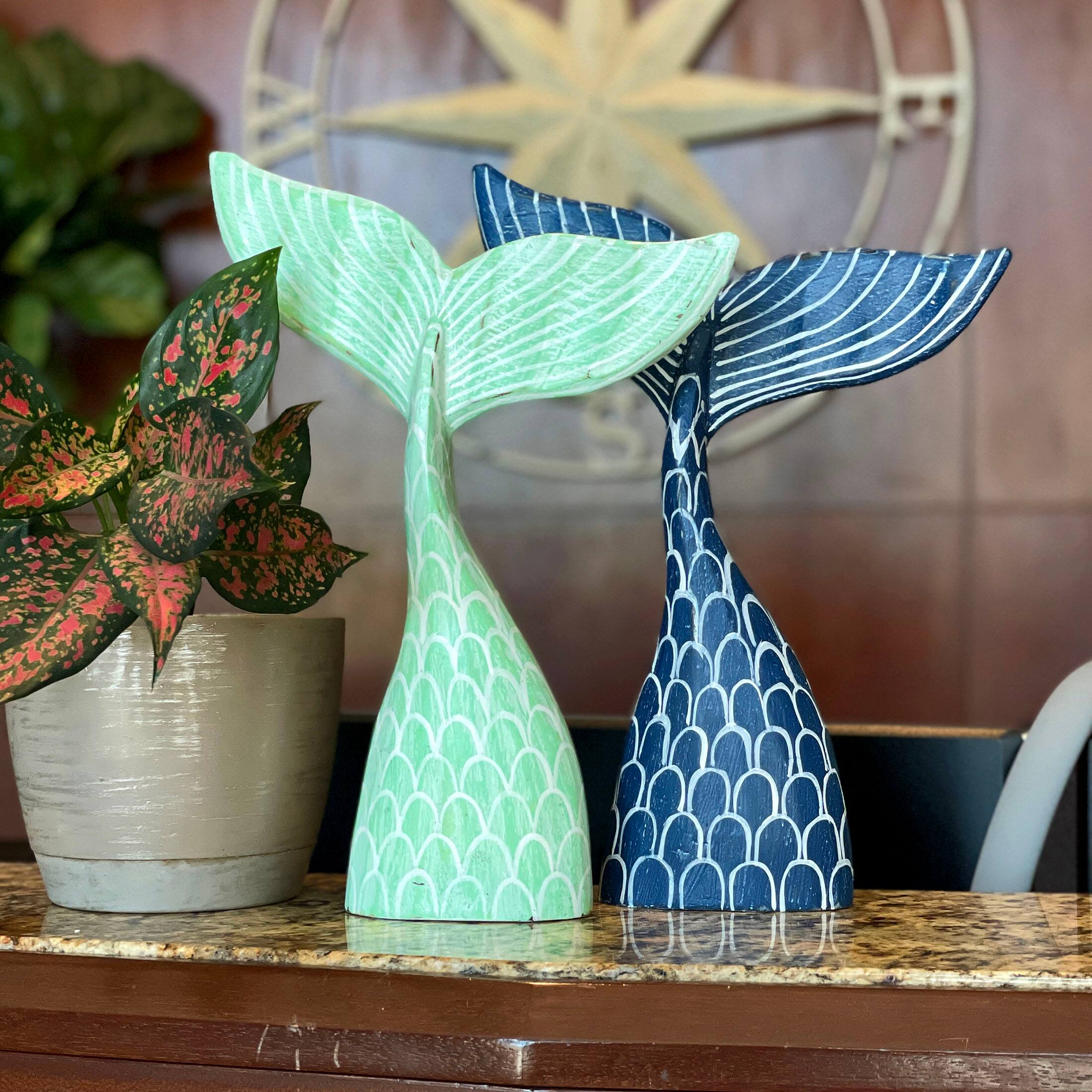 Alt View 3. Things2Die4 - Set of 2 Wood Mermaid Tail Sculptures 13.75" Turquoise & Navy Blue Decor - Green/Blue.