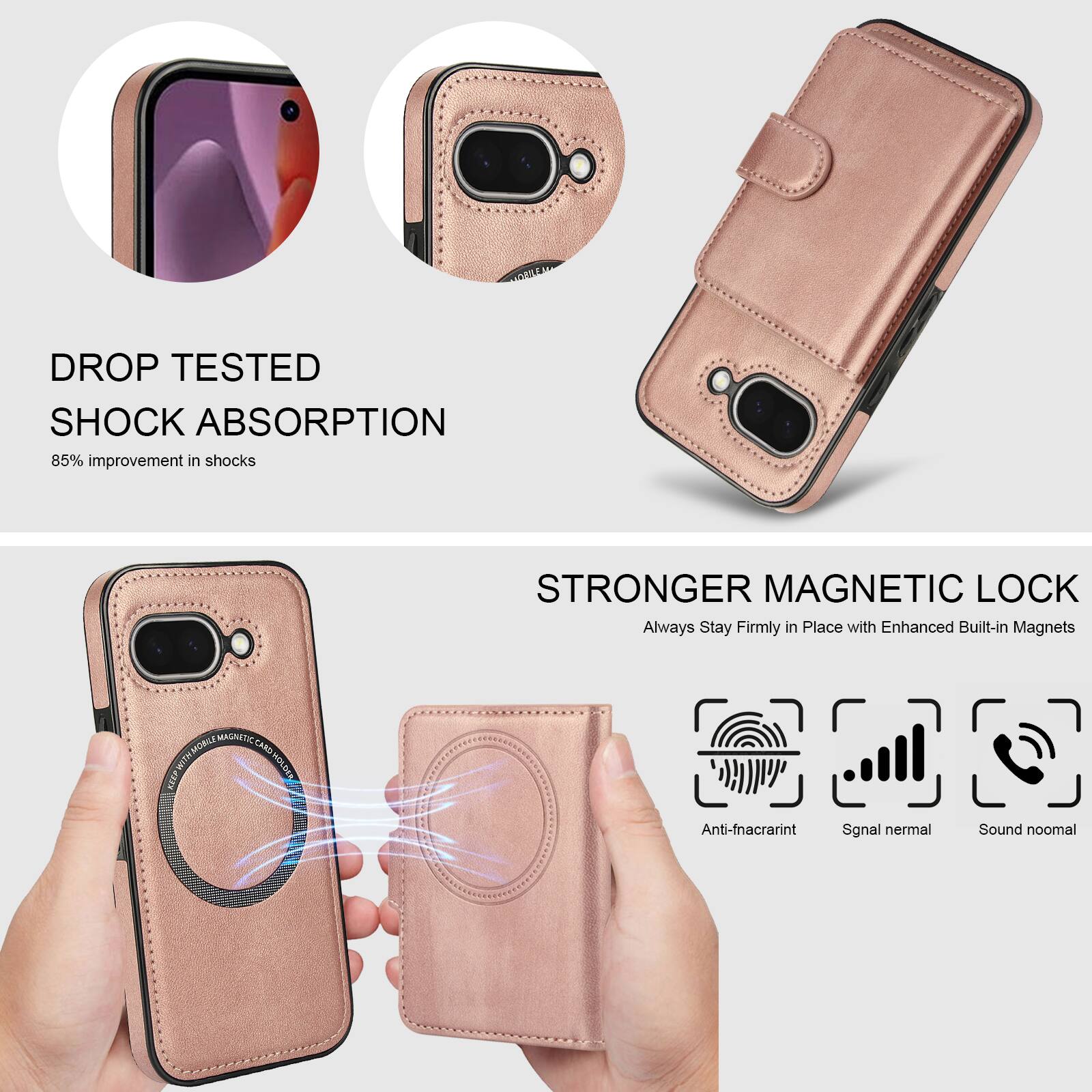 DROP TESTED  
SHOCK ABSORPTION  
85% improvement in shocks  

STRONGER MAGNETIC LOCK  
Always Stay Firmly in Place with Enhanced Built-in Magnets  

MOBILE MAGNETIC CARD  
Anti-fingerprint  
Signal normal  
Sound normal