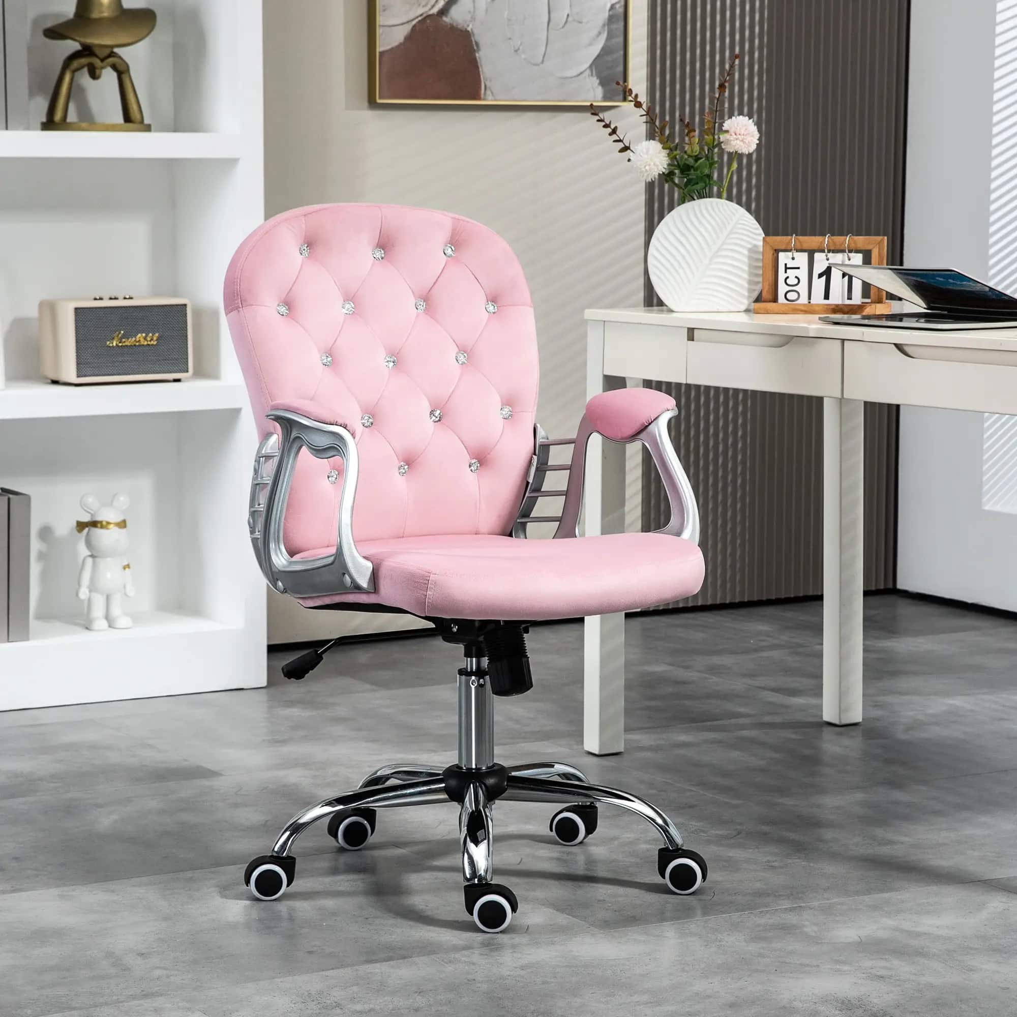 Anysun - Velvet Tufted Button Tufted Adjustable Height Office Chair with Padded Armrests and Swivel Wheels - Pink