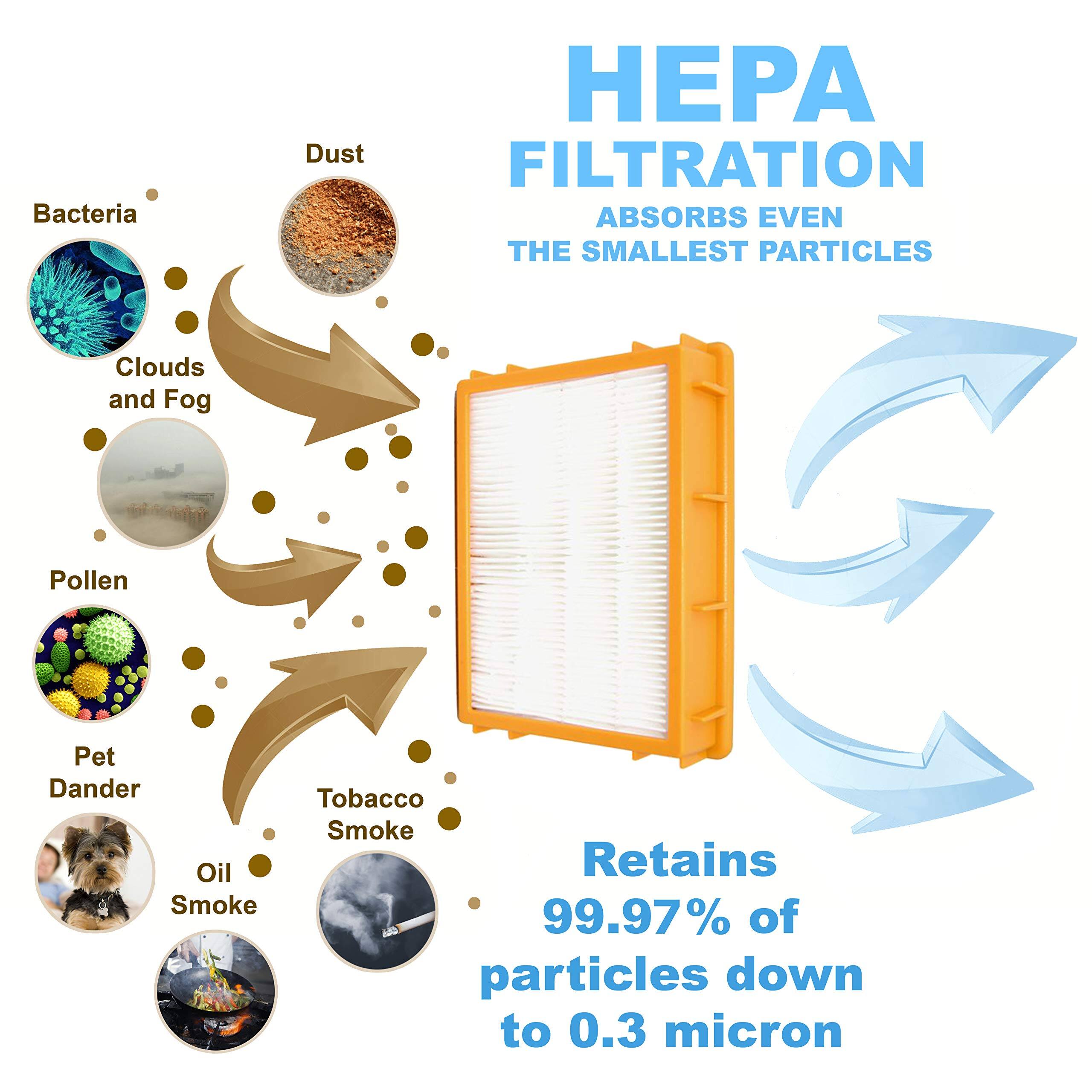 HEPA FILTRATION  
ABSORBS EVEN THE SMALLEST PARTICLES  

Bacteria  
Dust  
Clouds and Fog  
Pollen  
Pet Dander  
Oil Smoke  
Tobacco Smoke  

Retains 99.97% of particles down to 0.3 micron