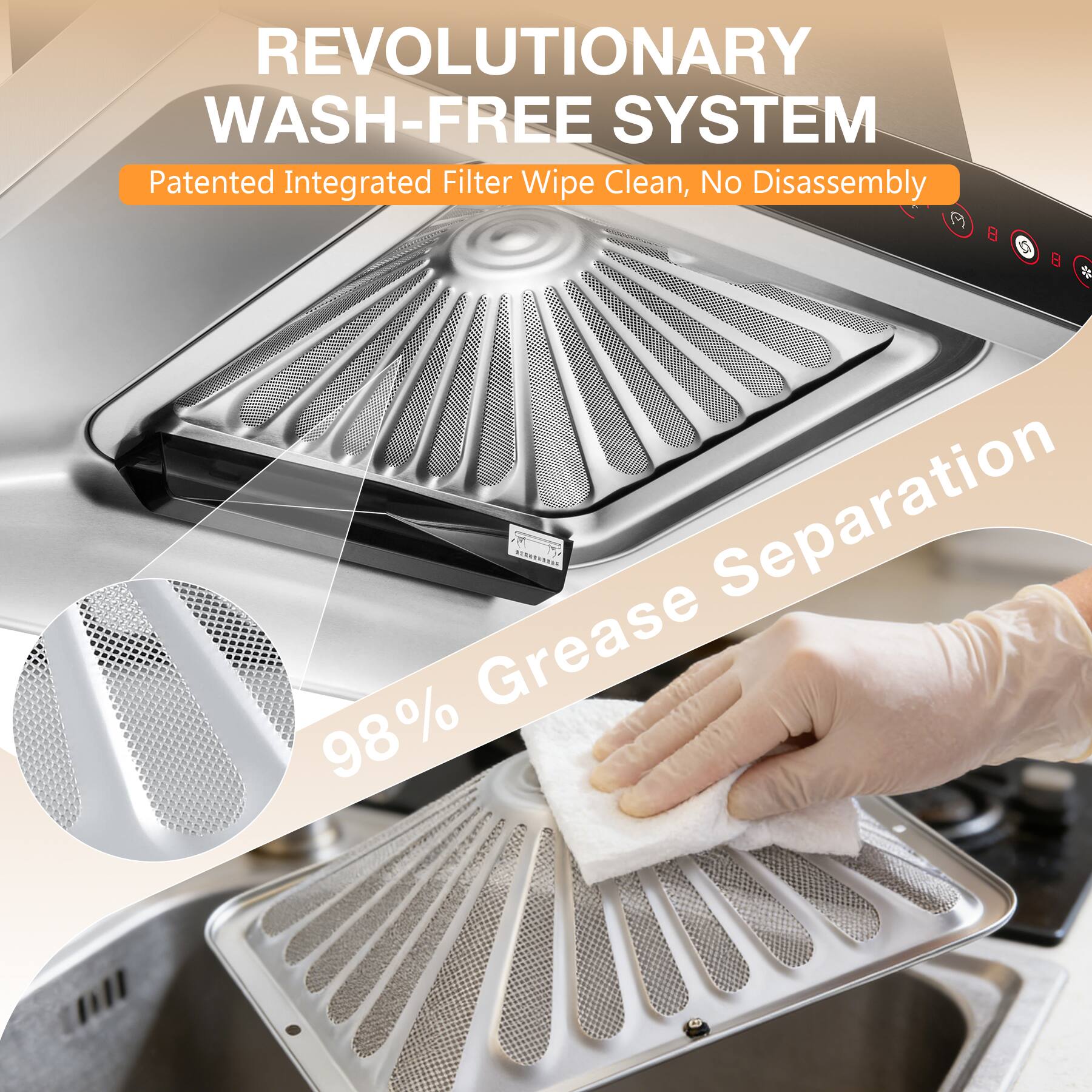 REVOLUTIONARY WASH-FREE SYSTEM  
Patented Integrated Filter Wipe Clean, No Disassembly  
98% Grease Separation