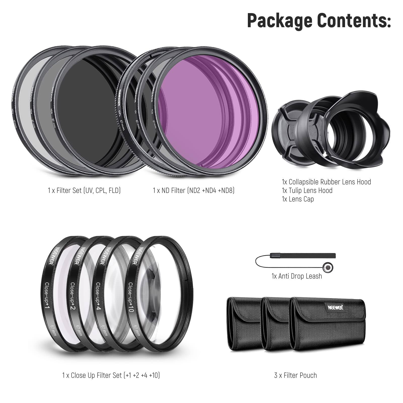 Package Contents:  
1 x Filter Set (UV, CPL, FLD)  
1 x ND Filter (ND2 + ND4 + ND8)  
1 x Collapsible Rubber Lens Hood  
1 x Tulip Lens Hood  
1 x Lens Cap  
NEEWER Close-up+1 67mm  
NEEWER ER Close-up+2 67mm  
NEEWER ER Close-up+4 67mm  
NEEWER ER Close-up+10 87mm  
1 x Anti Drop Leash  
1 x Close Up Filter Set (+1 +2 +4 +10)  
3 x Filter Pouch
