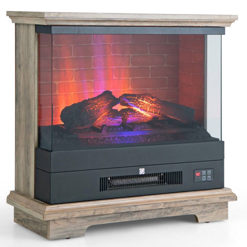 Front. HONGGE - Three Sided Freestanding Electric Fireplace Heater - Natural.