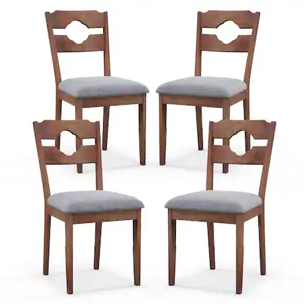Front. Gymax - Gymax Set of 4 Dining Chair w/ Padded Seat High Back Rubber Wood Frame Kitchen Chairs - Brown, Grey.