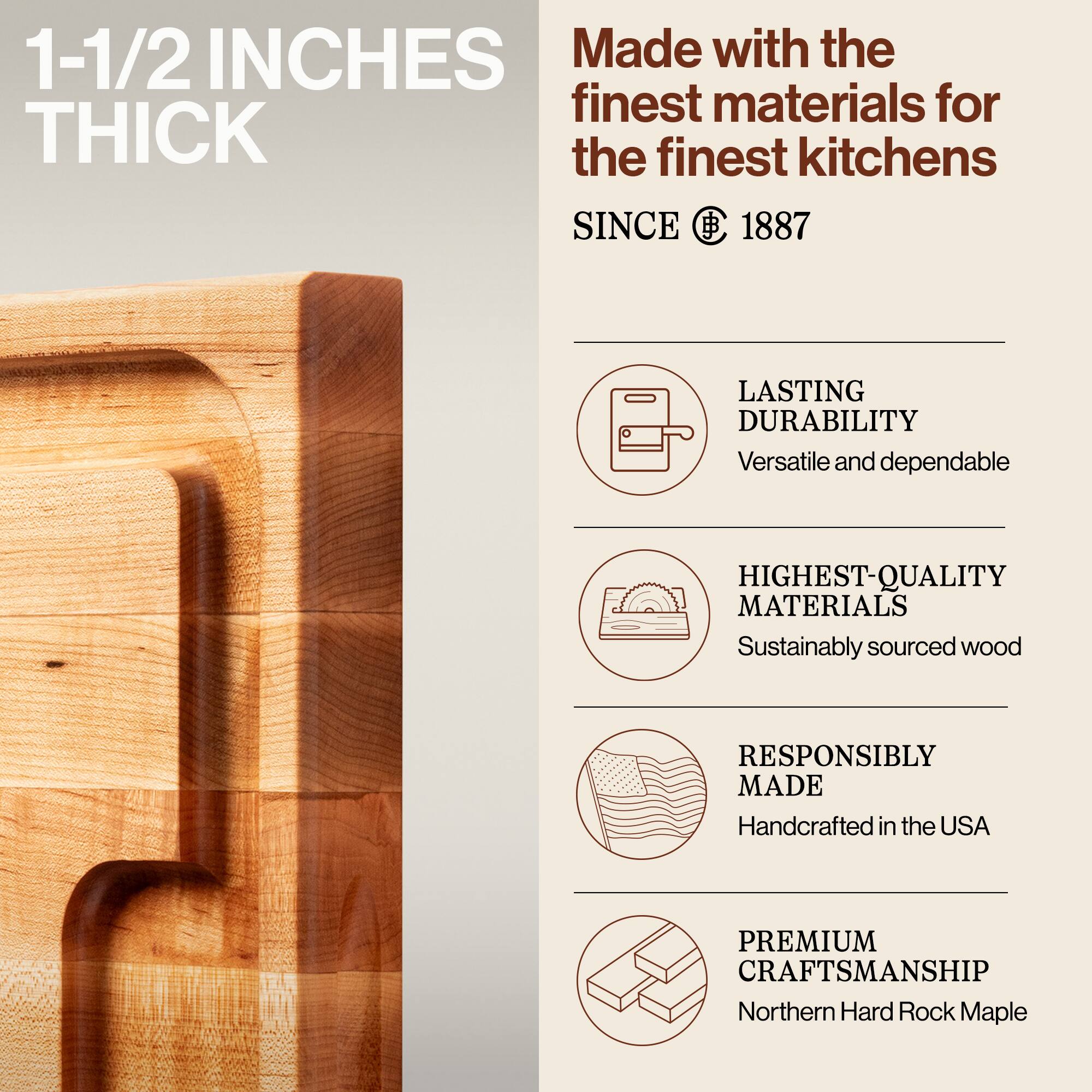 1-1/2 INCHES THICK

Made with the finest materials for the finest kitchens SINCE 1887

LASTING DURABILITY
Versatile and dependable

HIGHEST-QUALITY MATERIALS
Sustainably sourced wood

RESPONSIBLY MADE
Handcrafted in the USA

PREMIUM CRAFTSMANSHIP
Northern Hard Rock Maple