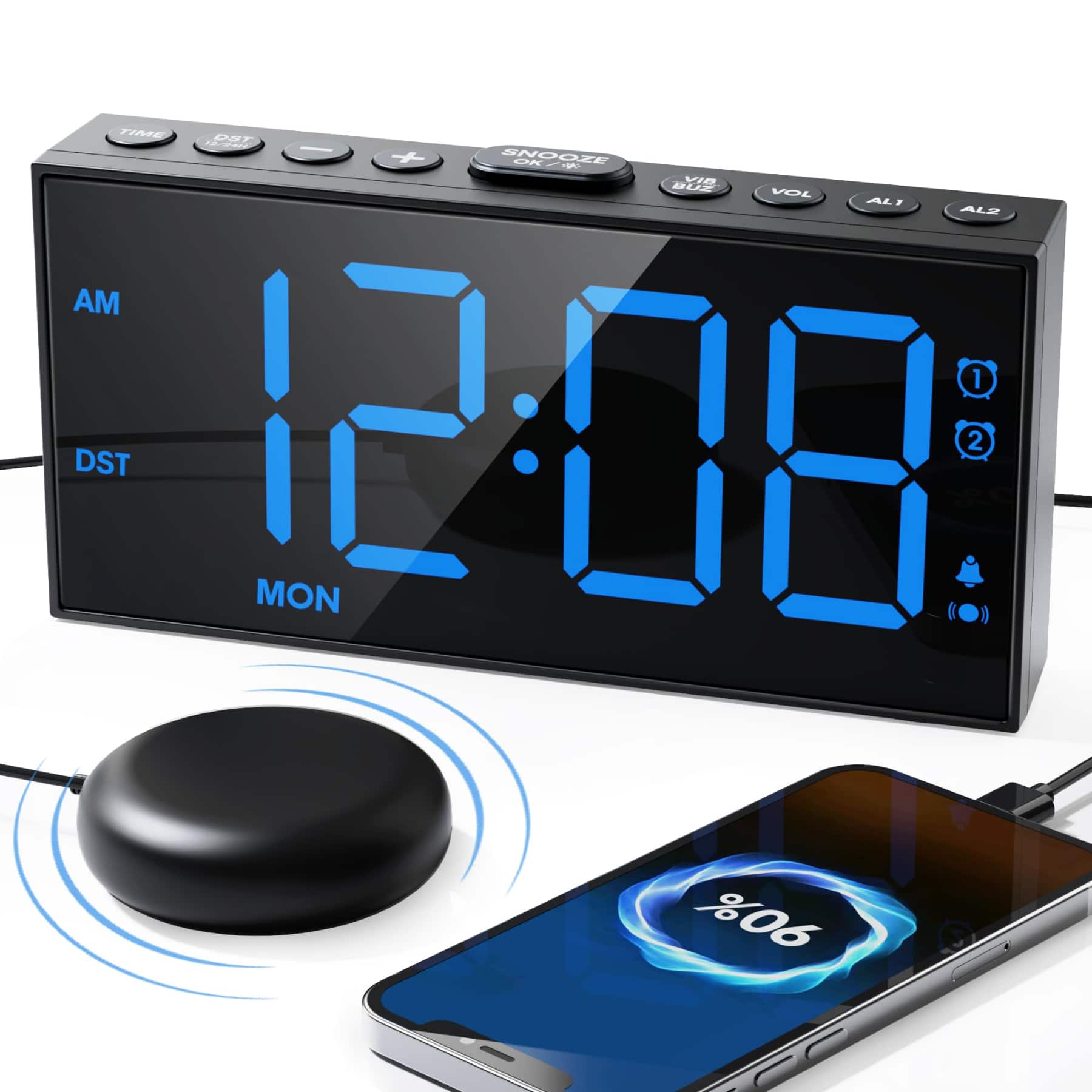 Dazzed Corner - Alarm Clock with Bed Shaker, Dual Alarms, USB Charging - Black