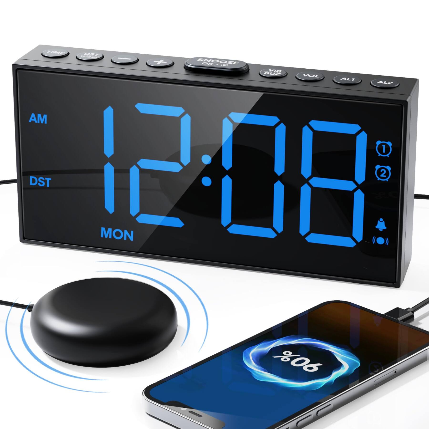 TIME DST 12/24H - + SNOOZE OK/# VIB BUZ VOL AL1 AL2 AM 1 DST 120R 2 MON