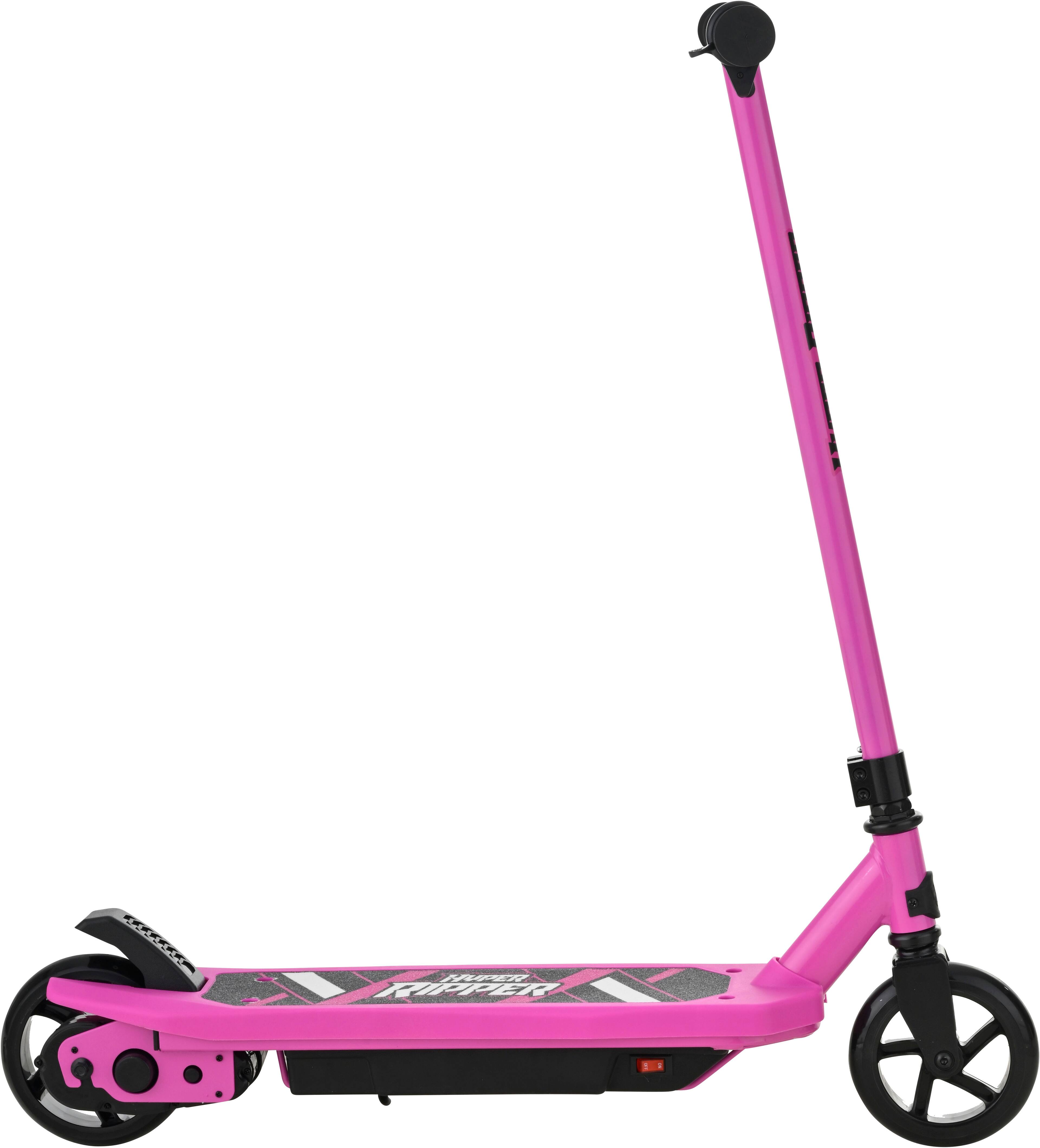 The image features a pink scooter with a black wheel. The scooter is designed for one person to ride and has a handlebar for steering. The scooter is parked on a white background, making it stand out prominently in the image.