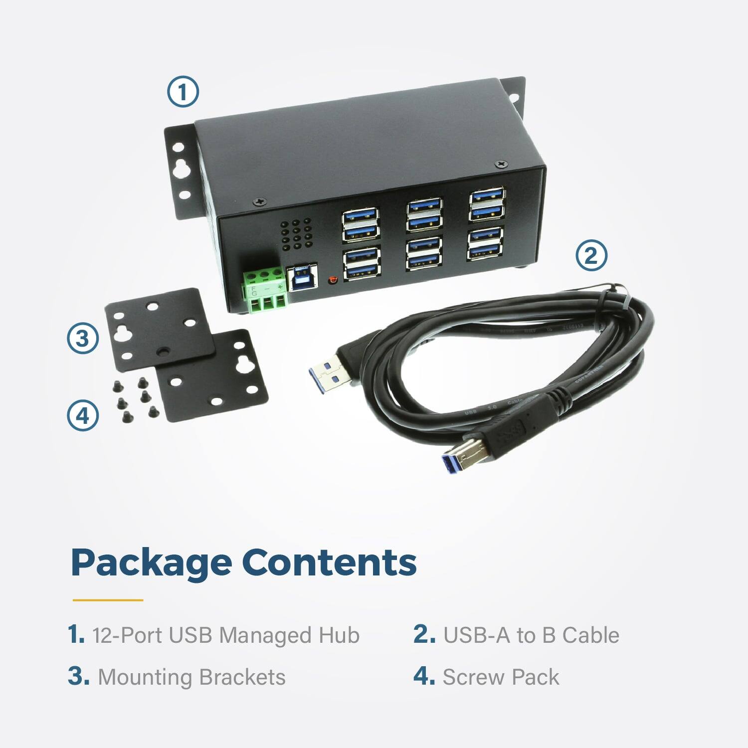 Package Contents

1. 12-Port USB Managed Hub  
2. USB-A to B Cable  
3. Mounting Brackets  
4. Screw Pack