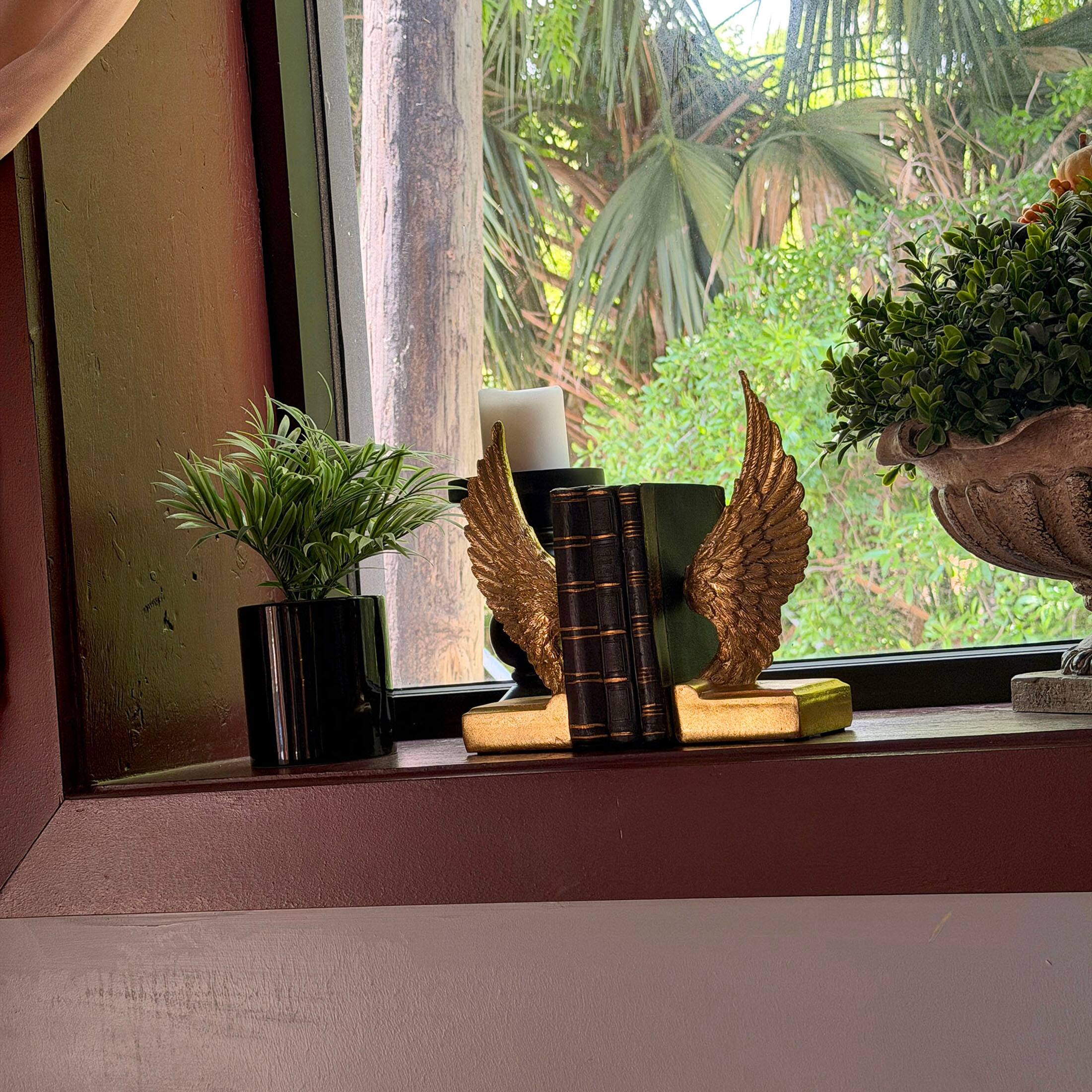 Alt View 6. Things2Die4 - Angel Wing Bookends Set Antique Gold Resin 8.75 in Decorative Book Holders - Gold.