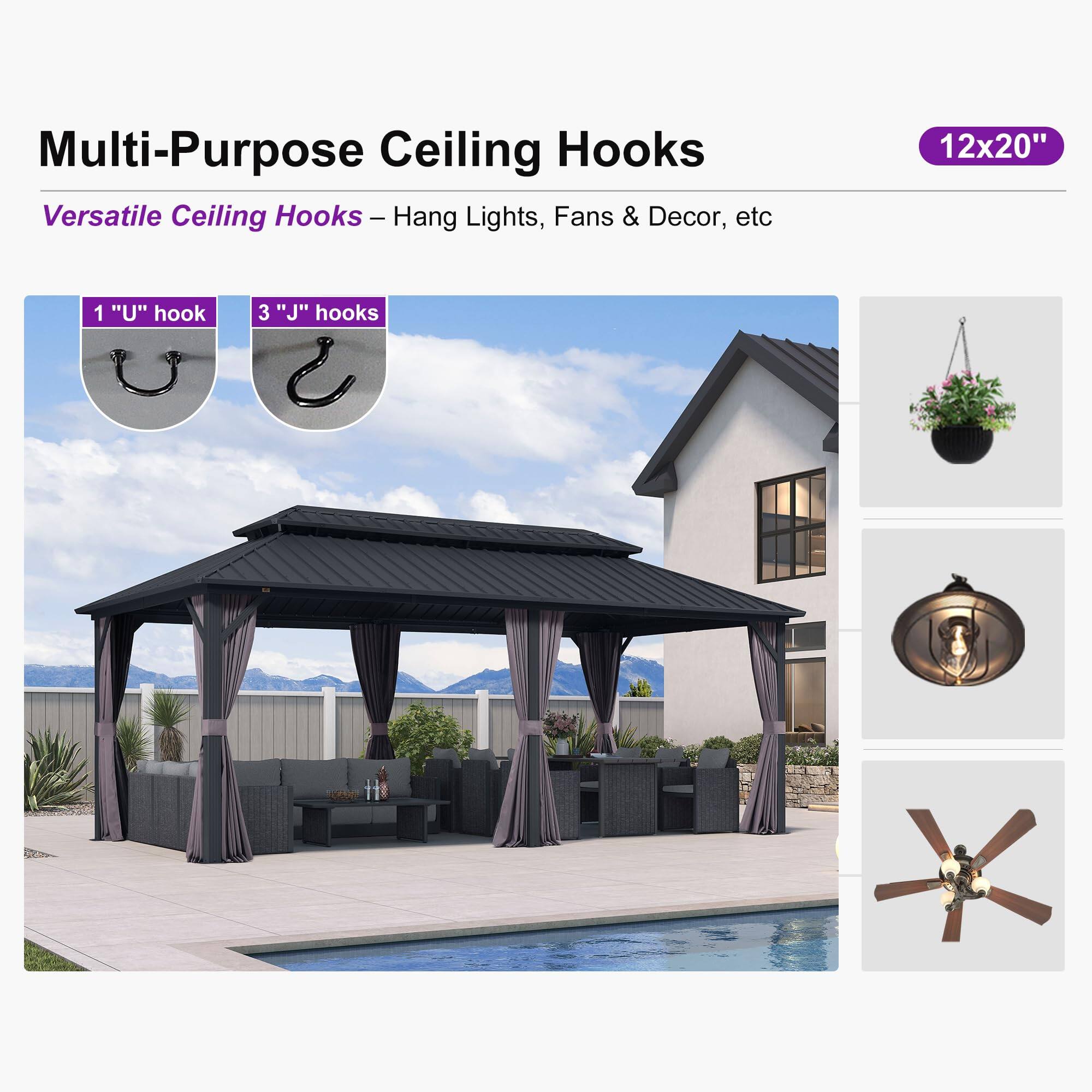 Multi-Purpose Ceiling Hooks  
Versatile Ceiling Hooks - Hang Lights, Fans & Decor, etc  

1 "U" hook  
3 "J" hooks  

12x20"