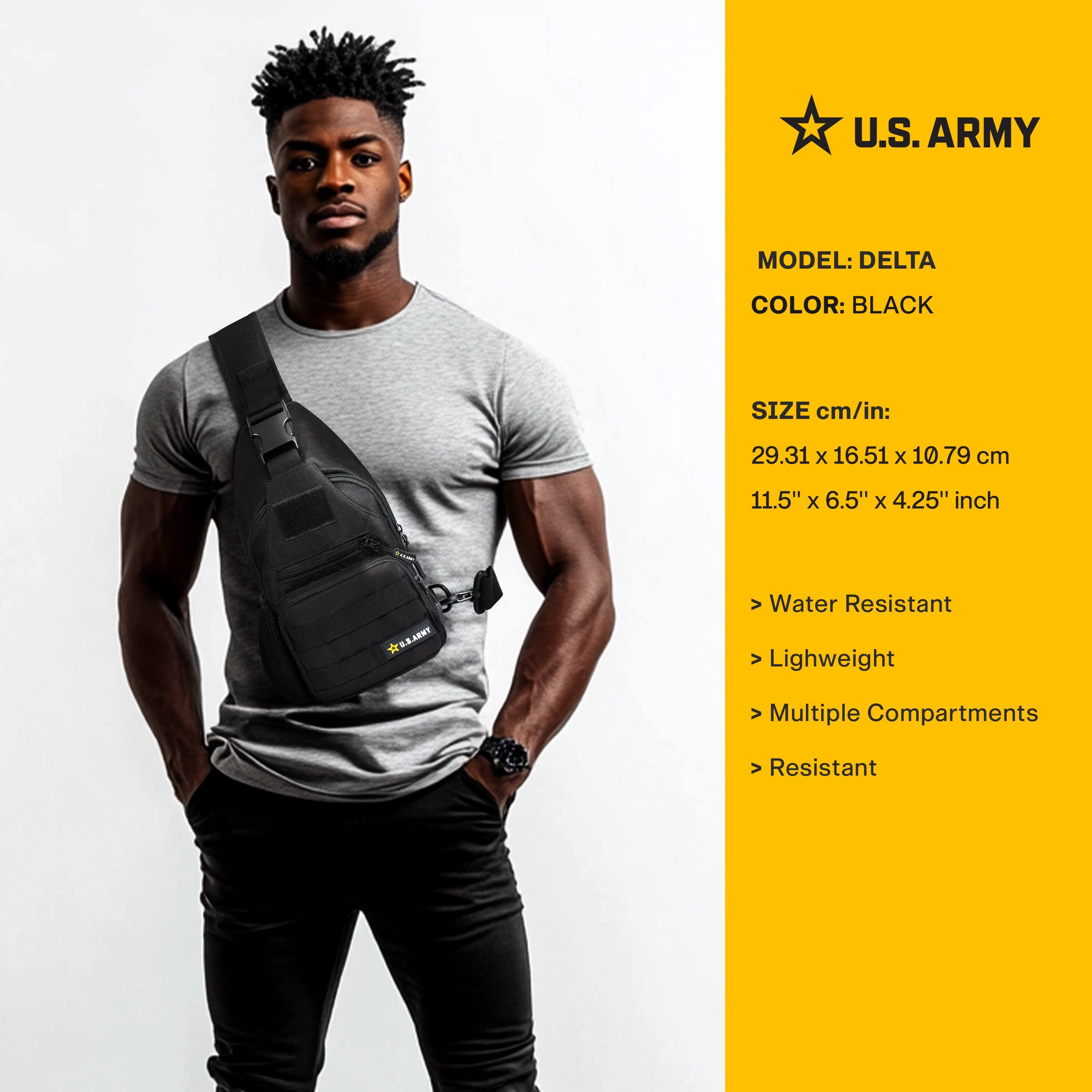 U.S. ARMY

MODEL: DELTA  
COLOR: BLACK  

SIZE cm/in:  
29.31 x 16.51 x 10.79 cm  
11.5" x 6.5" x 4.25" inch  

- Water Resistant  
- Lightweight  
- Multiple Compartments  
- Resistant