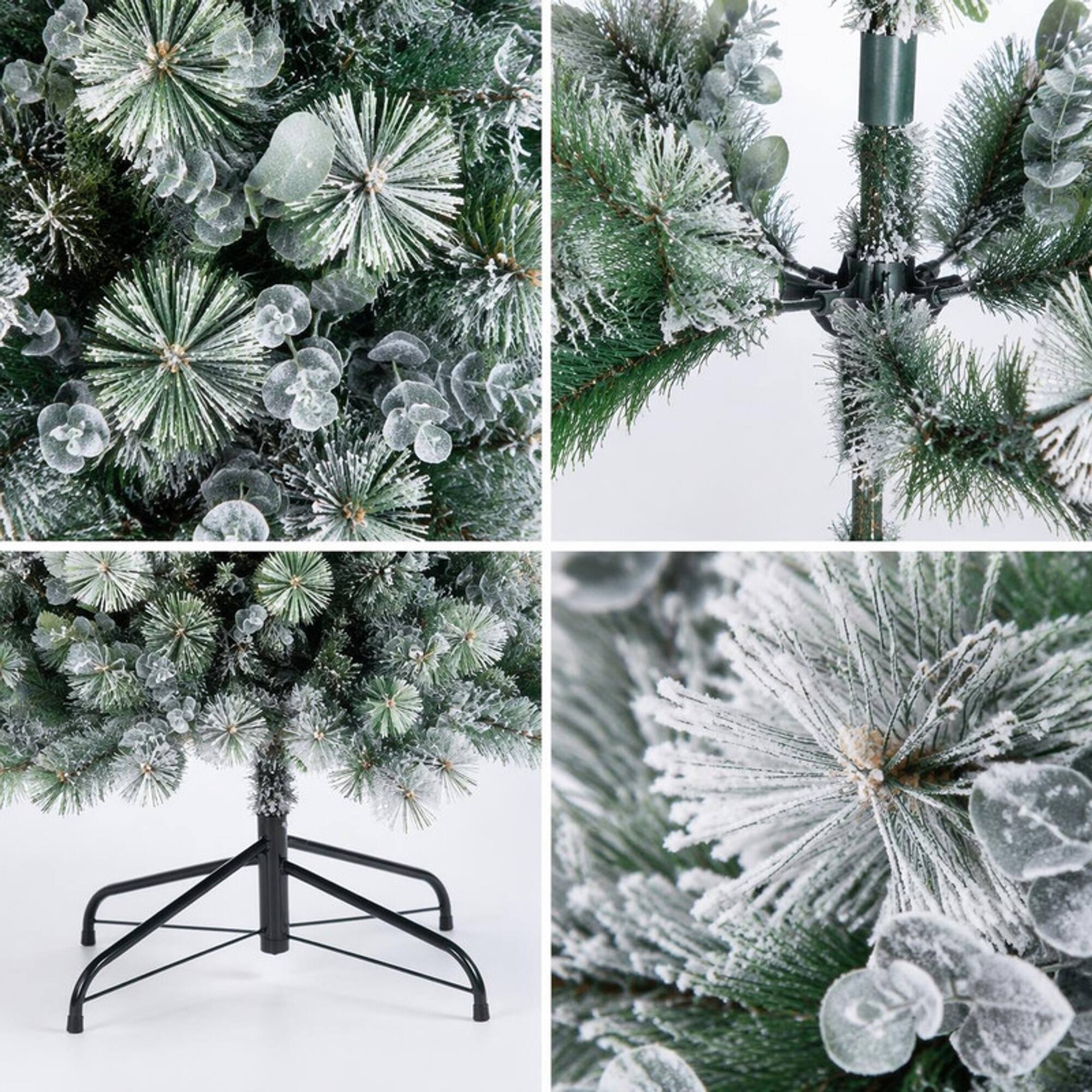 Left. RYHNUYNE - 4FT Flocked Christmas Tree With Pine Eucalyptus Leaves, 404 Tips Hinged Branches Metal Stand Holiday Winter Decor - White+Green.