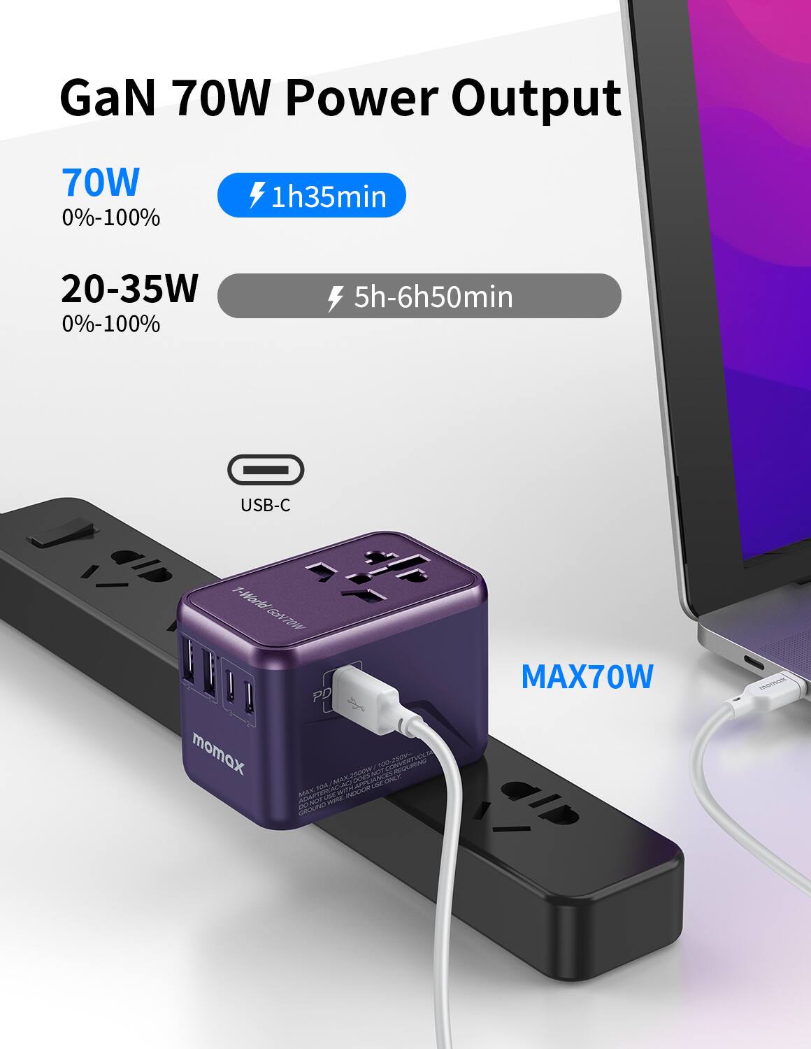 GaN 70W Power Output 70W 0%-100%  1h35min 20-35W 0%-100% 5h-6h50min USB-C 1-WriGN7OW 1-Wrd EV GOVRNW LID PD momax MAX70W -TR