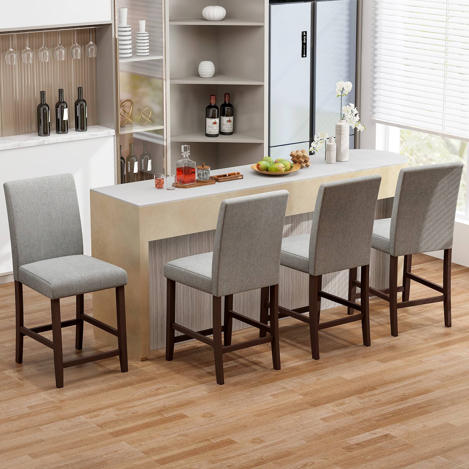 Alt View 1. Gymax - Gymax Set of 4 Bar Stools 24'' Counter Height Pub Kitchen Chairs w/ Rubber Wood Legs - Gray, Brown.