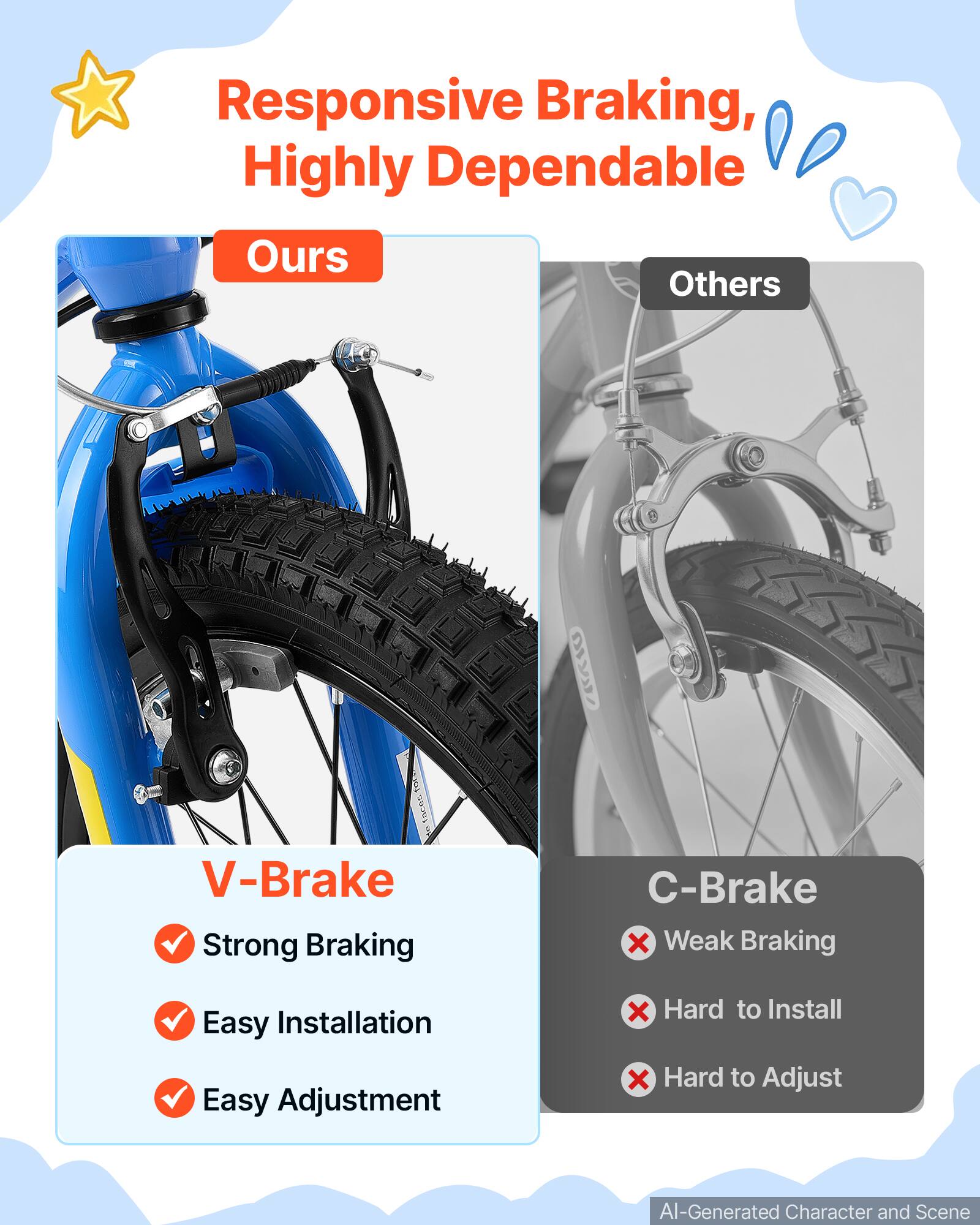 Responsive Braking, Highly Dependable

Ours

V-Brake
- Strong Braking
- Easy Installation
- Easy Adjustment

Others

C-Brake
- Weak Braking
- Hard to Install
- Hard to Adjust

AI-Generated Character and Scene
