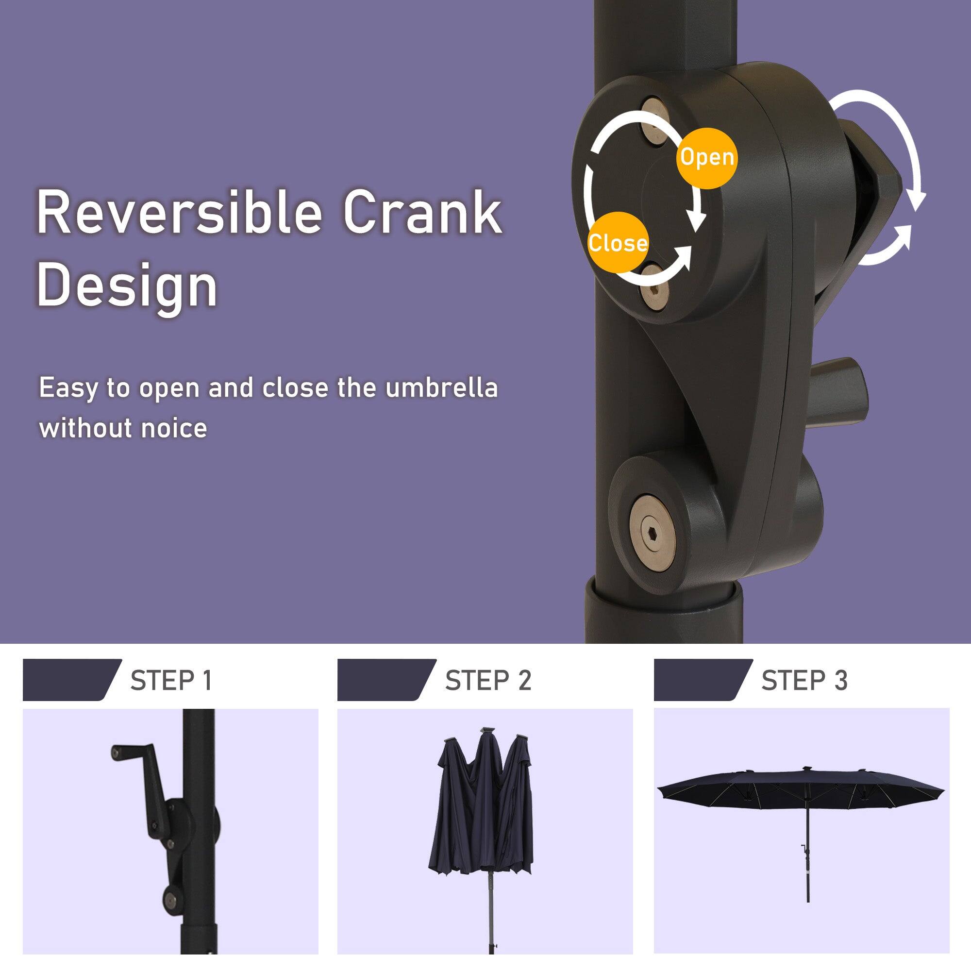 Reversible Crank Design  
Easy to open and close the umbrella without noise  

STEP 1  
STEP 2  
STEP 3