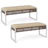 Costway - Set of 2 Outdoor Ottoman Bench Patio PE Rattan Footrest w/ Soft Cushion & Metal Frame - Brown,Beige