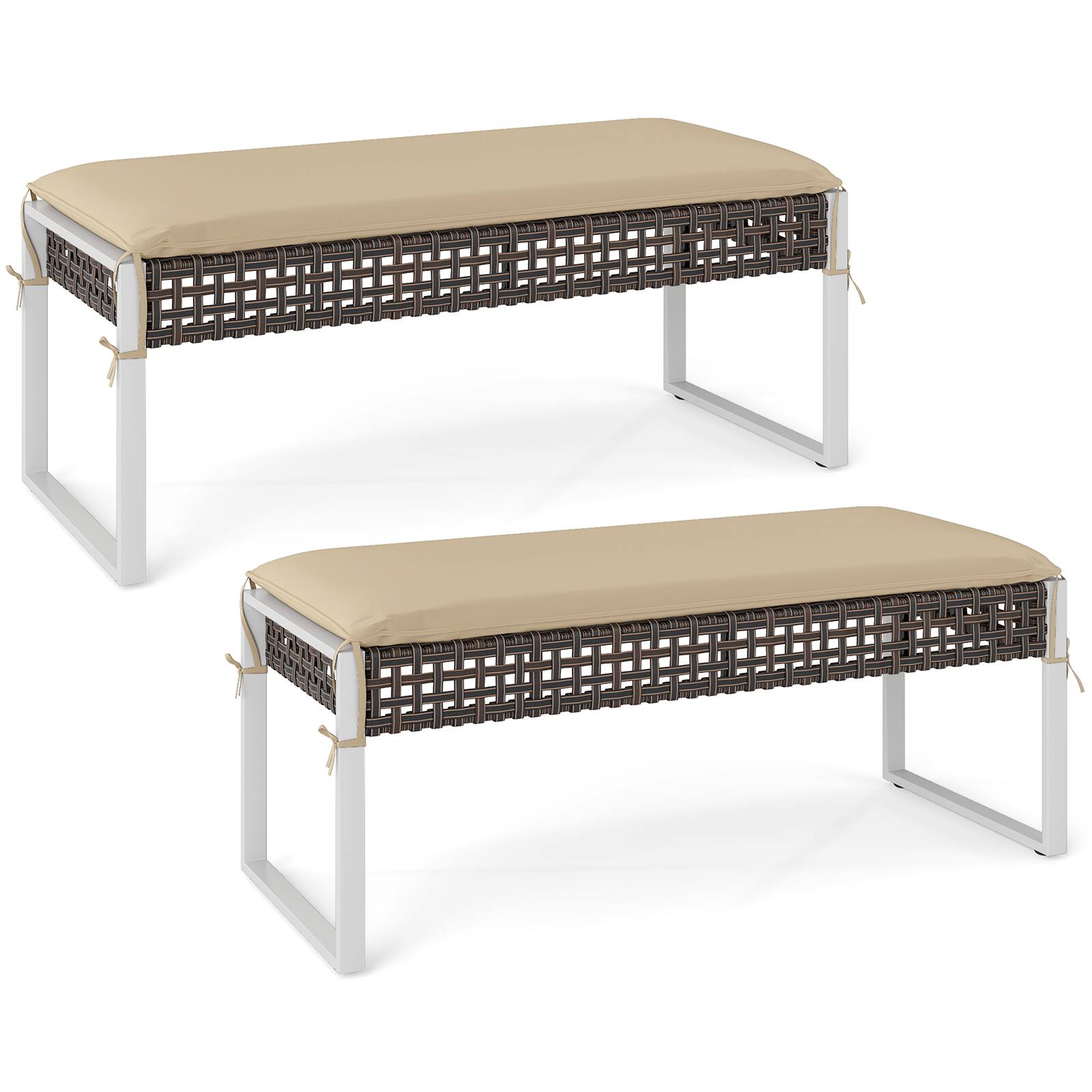 Costway - Set of 2 Outdoor Ottoman Bench Patio PE Rattan Footrest w/ Soft Cushion & Metal Frame - Brown,Beige