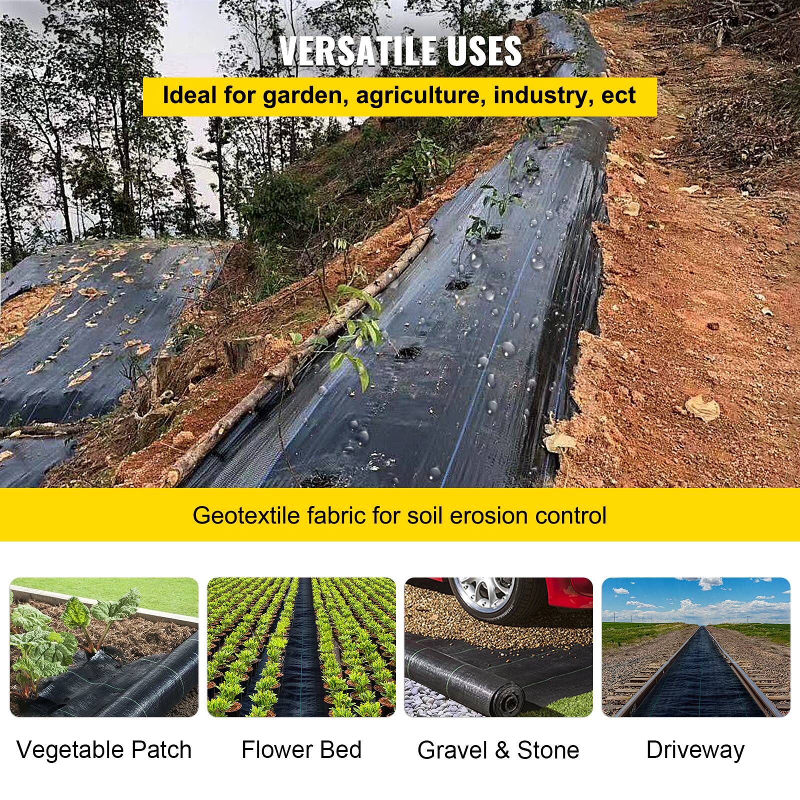 VERSATILE USES
Ideal for garden, agriculture, industry, ect
Geotextile fabric for soil erosion control
Vegetable Patch
Flower Bed
Gravel & Stone
Driveway