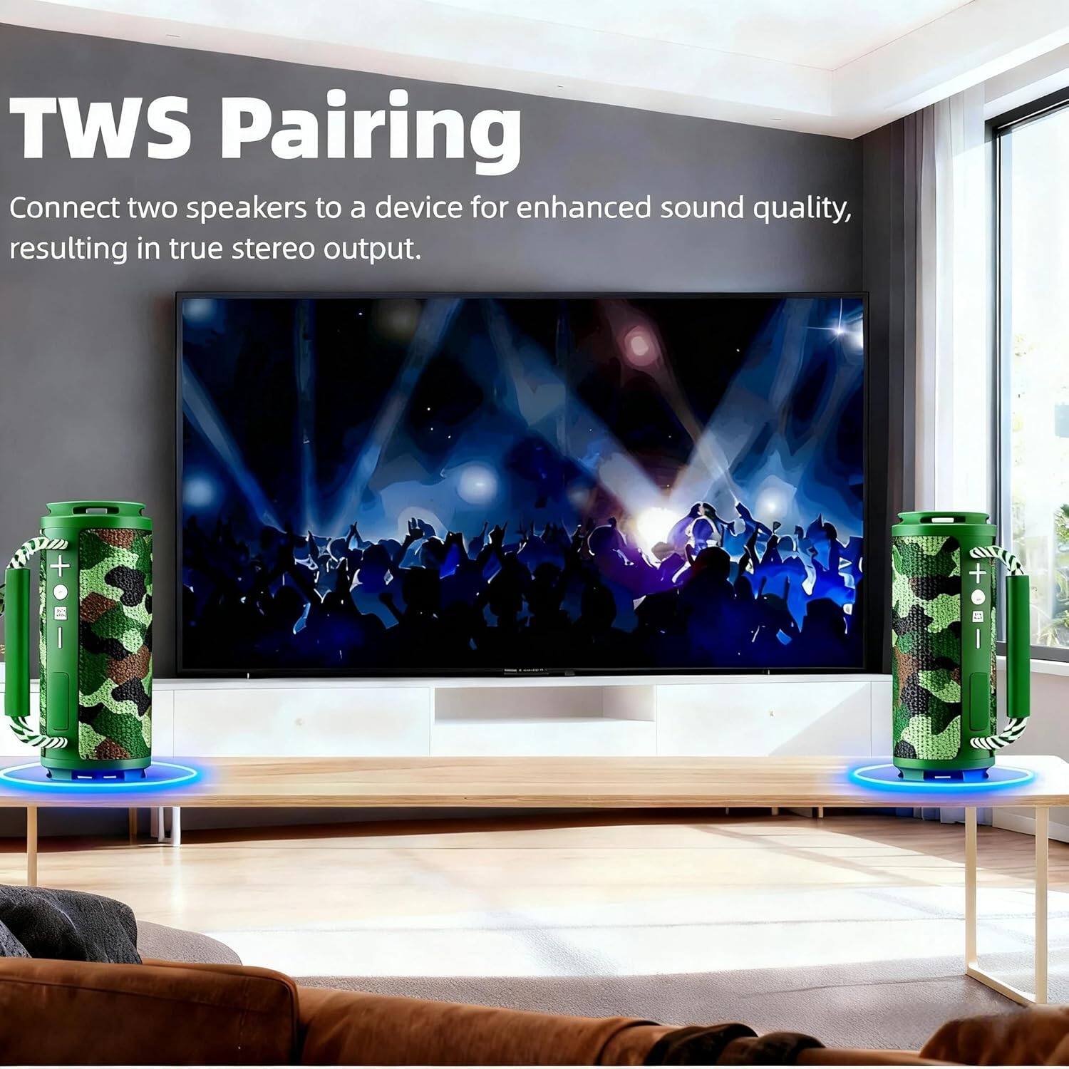 TWS Pairing

Connect two speakers to a device for enhanced sound quality, resulting in true stereo output.