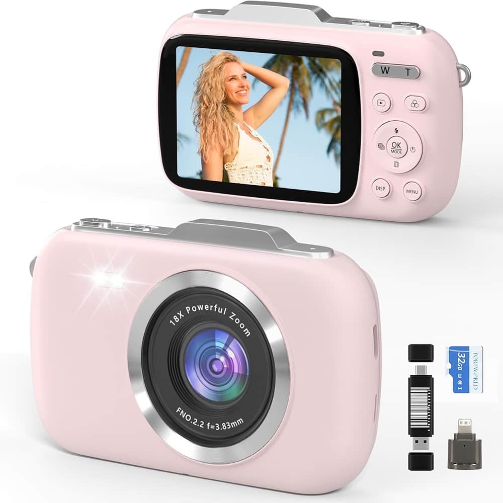 ACJPR - 4K Digital Camera, 64MP, 18X Zoom, Compact, 32GB Card, Pink