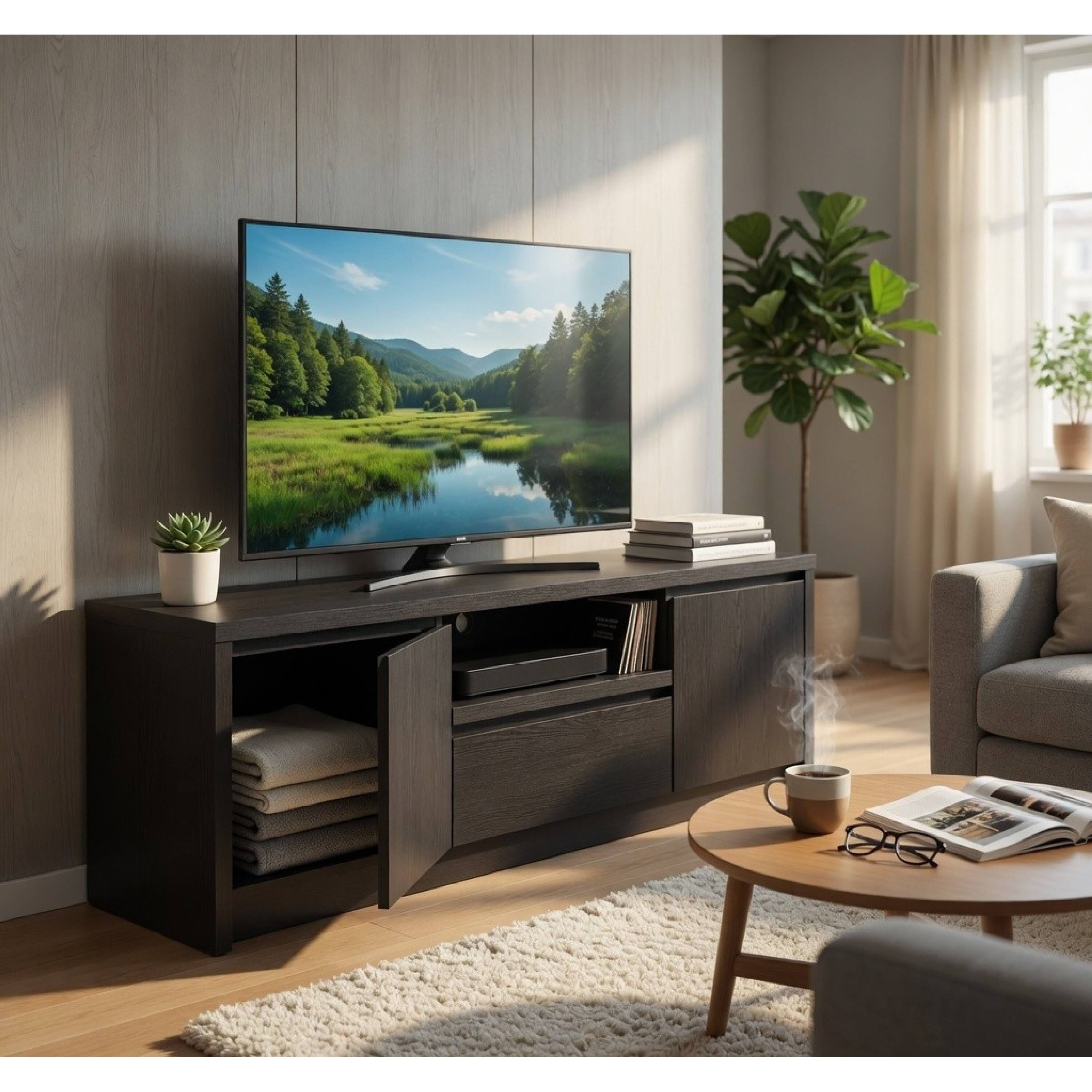 Alt View 7. Manhattan Lane - Winie TV Stand Media Console, 2 Doors, Open Shelf, Black Wood 60 Inch - Black.