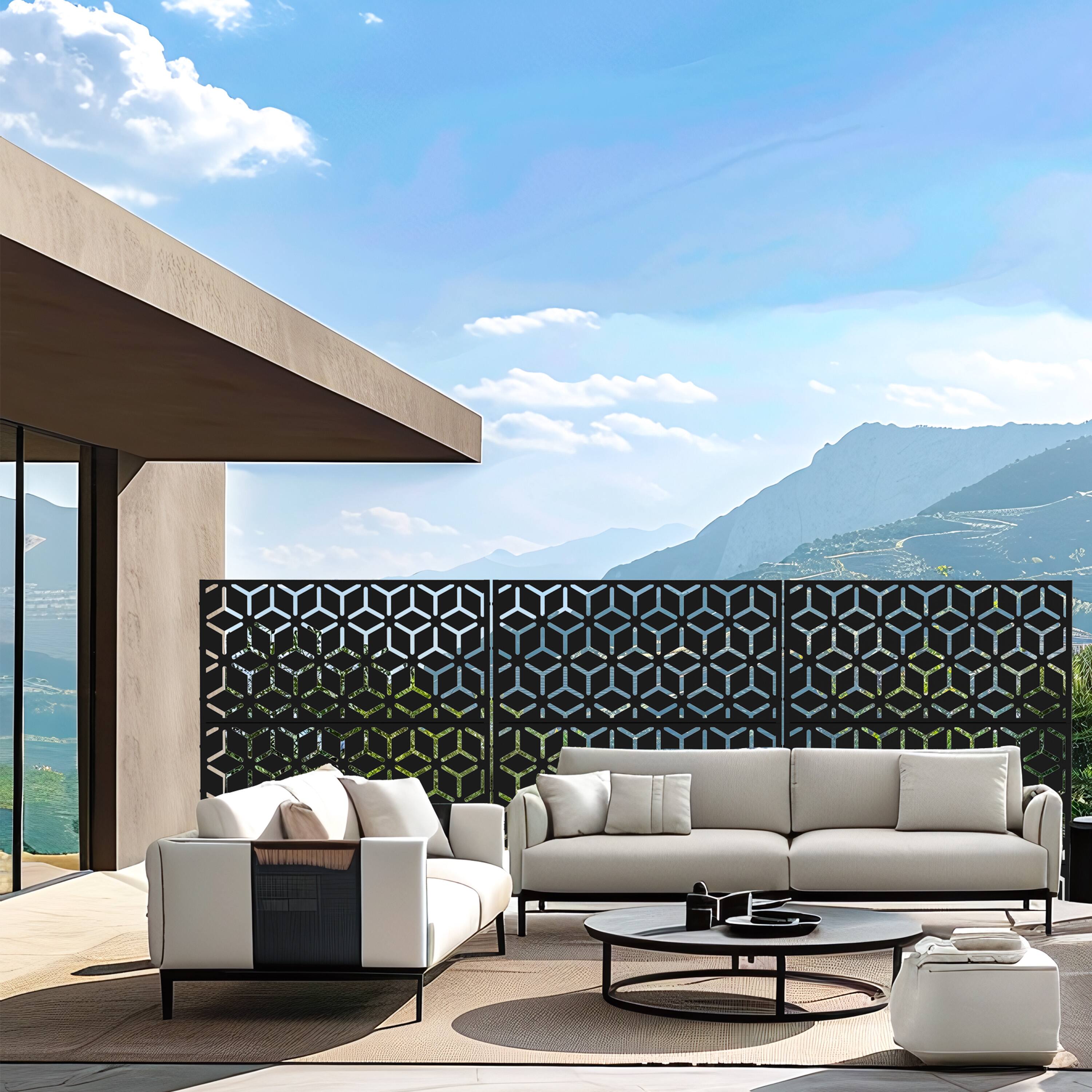 Alt View 2. PexFix - 72 in. x 47 in. Bob Pattern Metal Outdoor Privacy Screen & Panels, Freestanding Garden Divider Fence - Black.