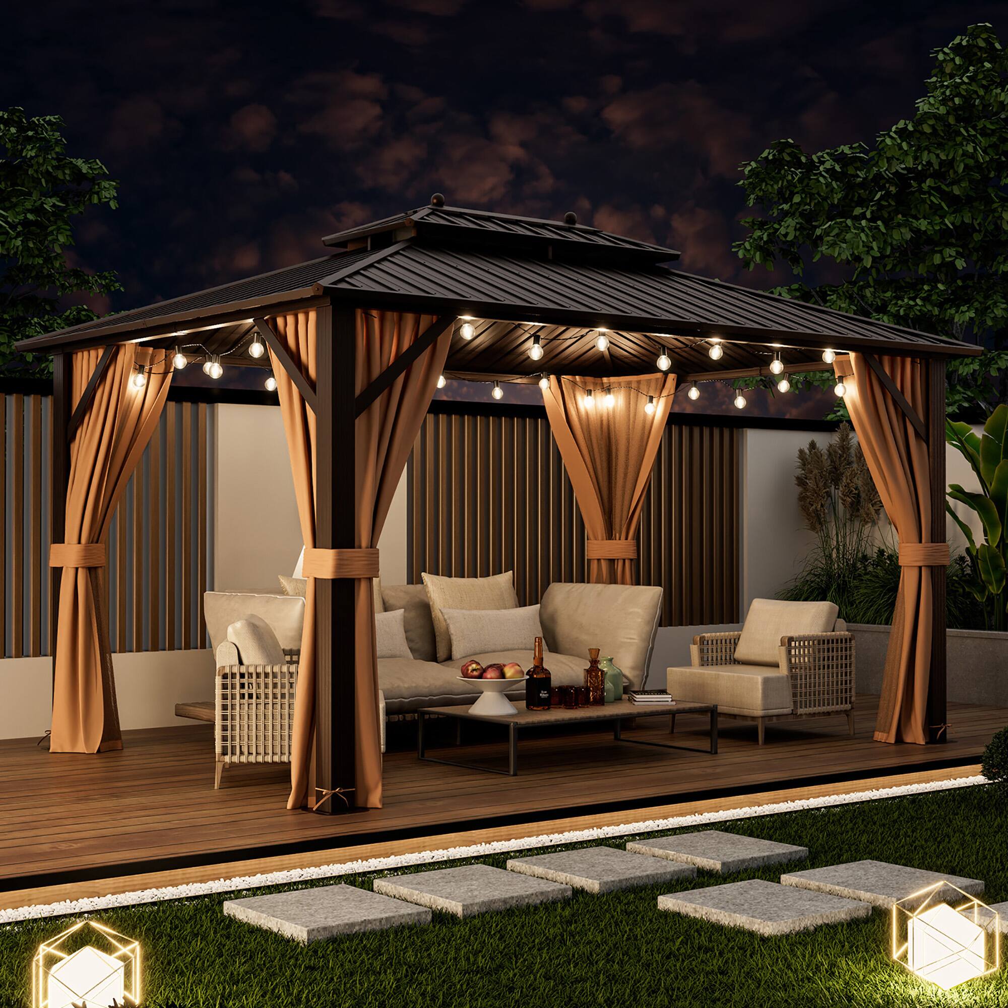 Alt View 3. Gymax - Gymax 10'x13' Patio Double-Roof Hardtop Gazebo w/ Galvanized Steel Roof Aluminum Frame - Tan.