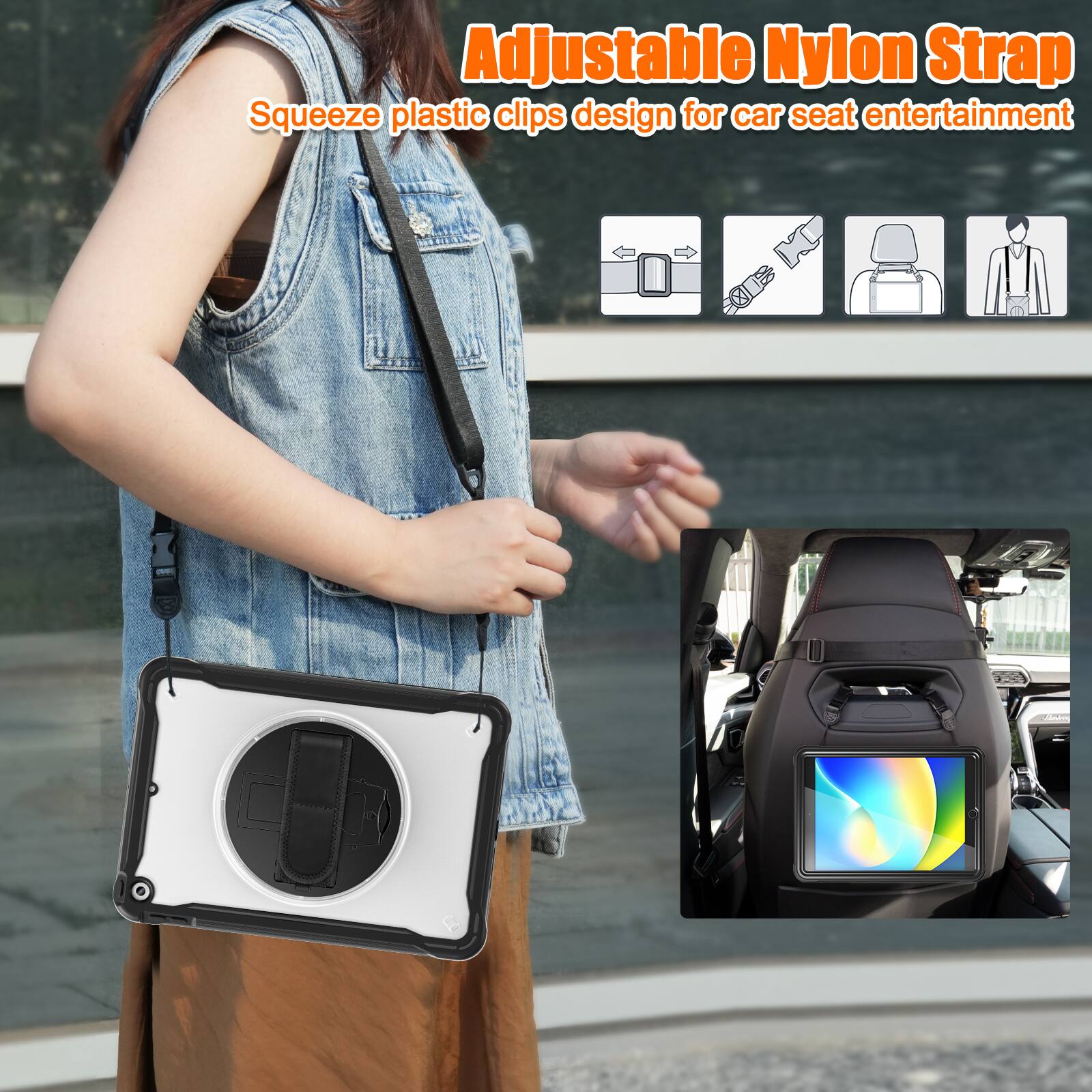 Adjustable Nylon Strap  
Squeeze plastic clips design for car seat entertainment