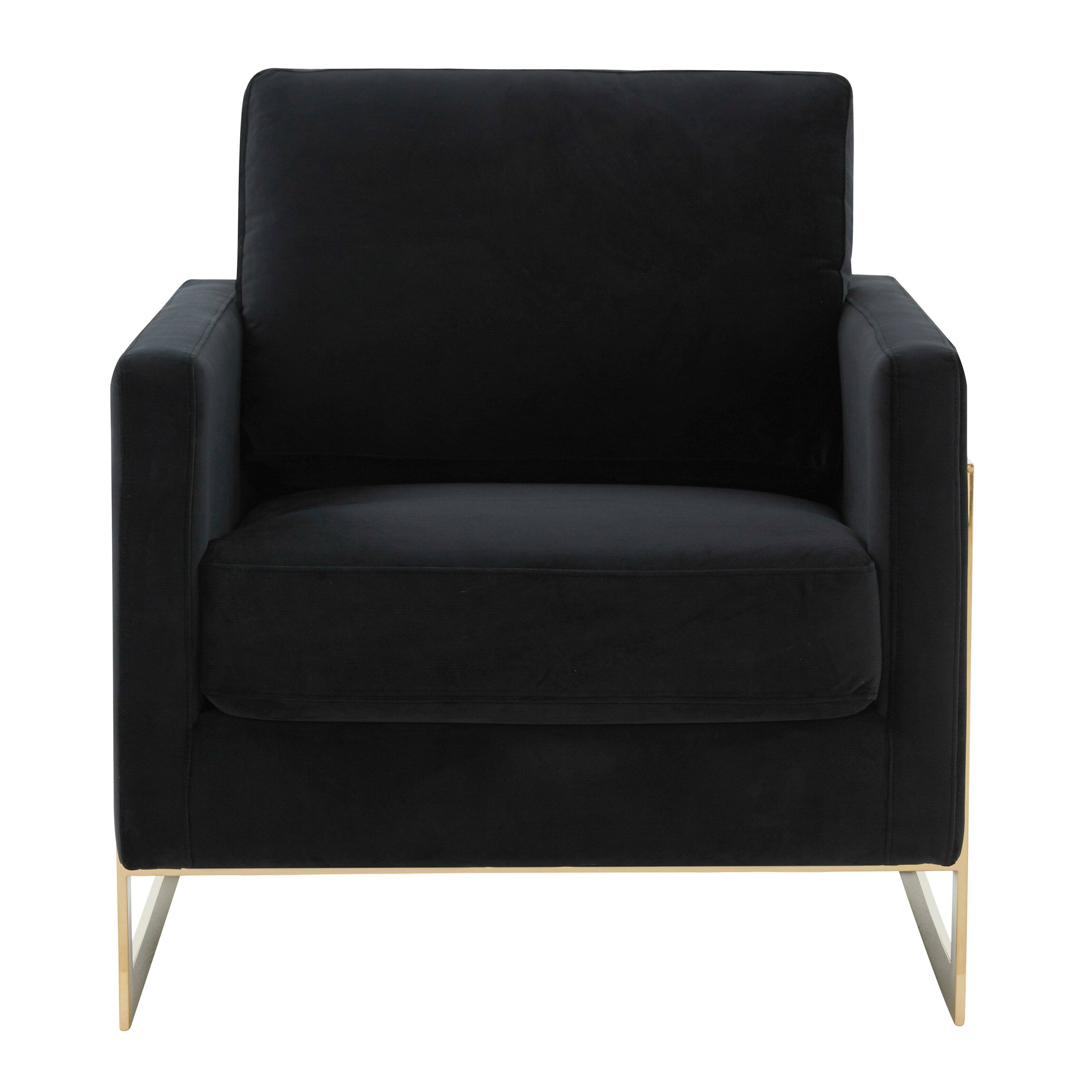 Alt View 1. LeisureMod - Lincold Modern Velvet Accent Chair, Gold Stainless Steel Sled Base Upholstered Armchair - Fully Assembled - Midnight Black.