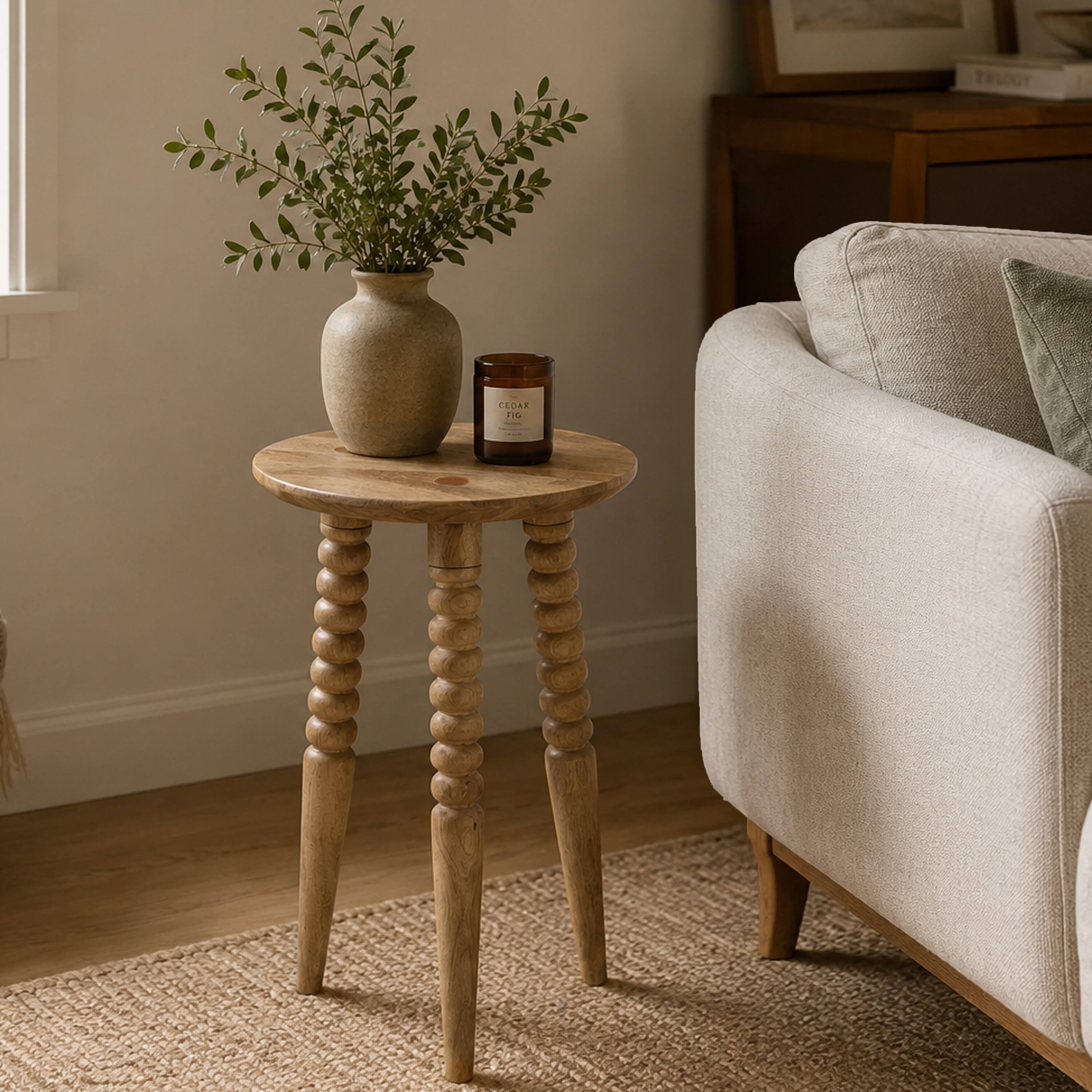 Alt View 6. Manhattan Lane - Geya Round Side Table, Tripod Spindle Legs, Natural Brown Mango Wood, 24 Inch High - Natural Brown.