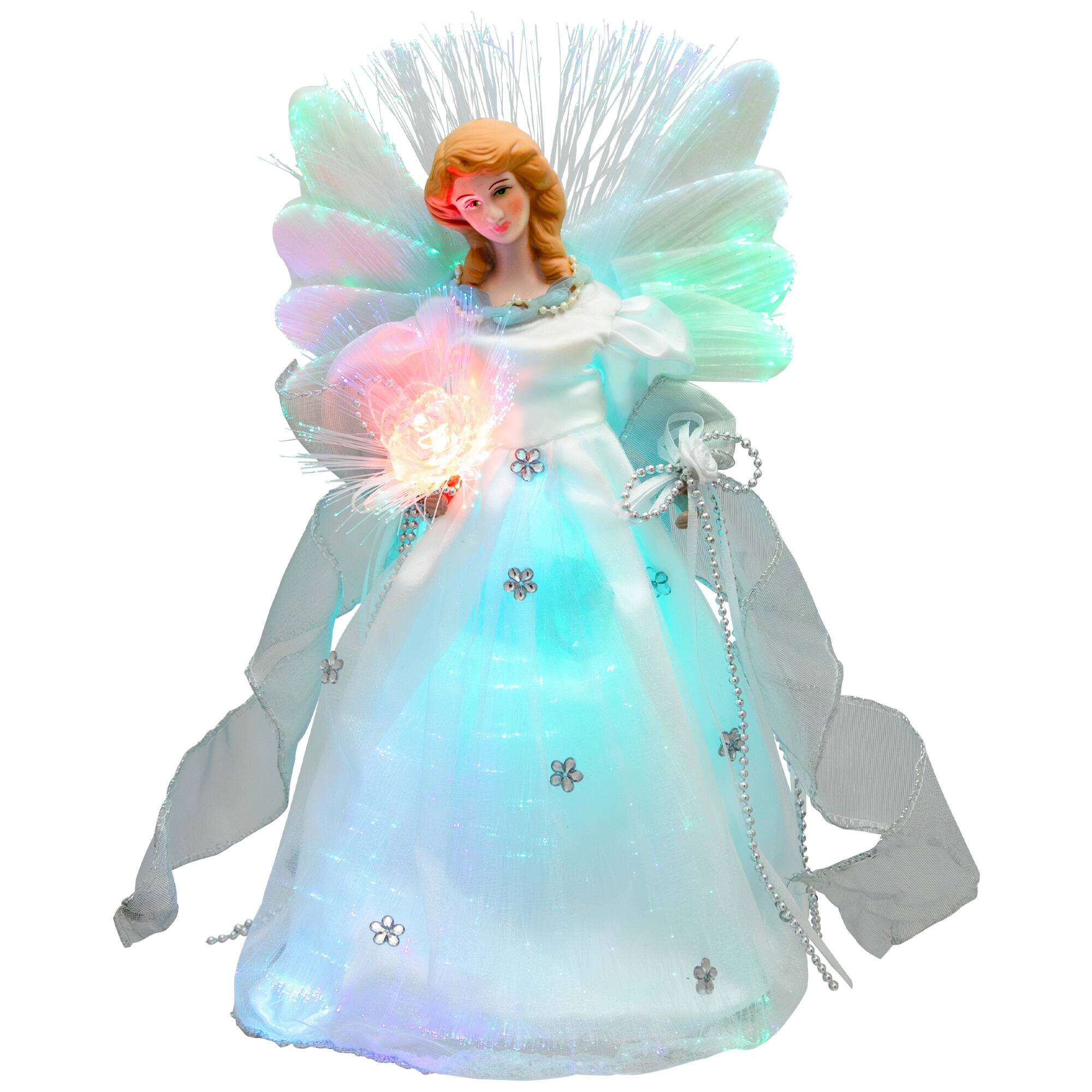 Alt View 1. Northlight - Color-changing Fiber Optic Angel with Rose Christmas Tree Topper - 12" - White - White.