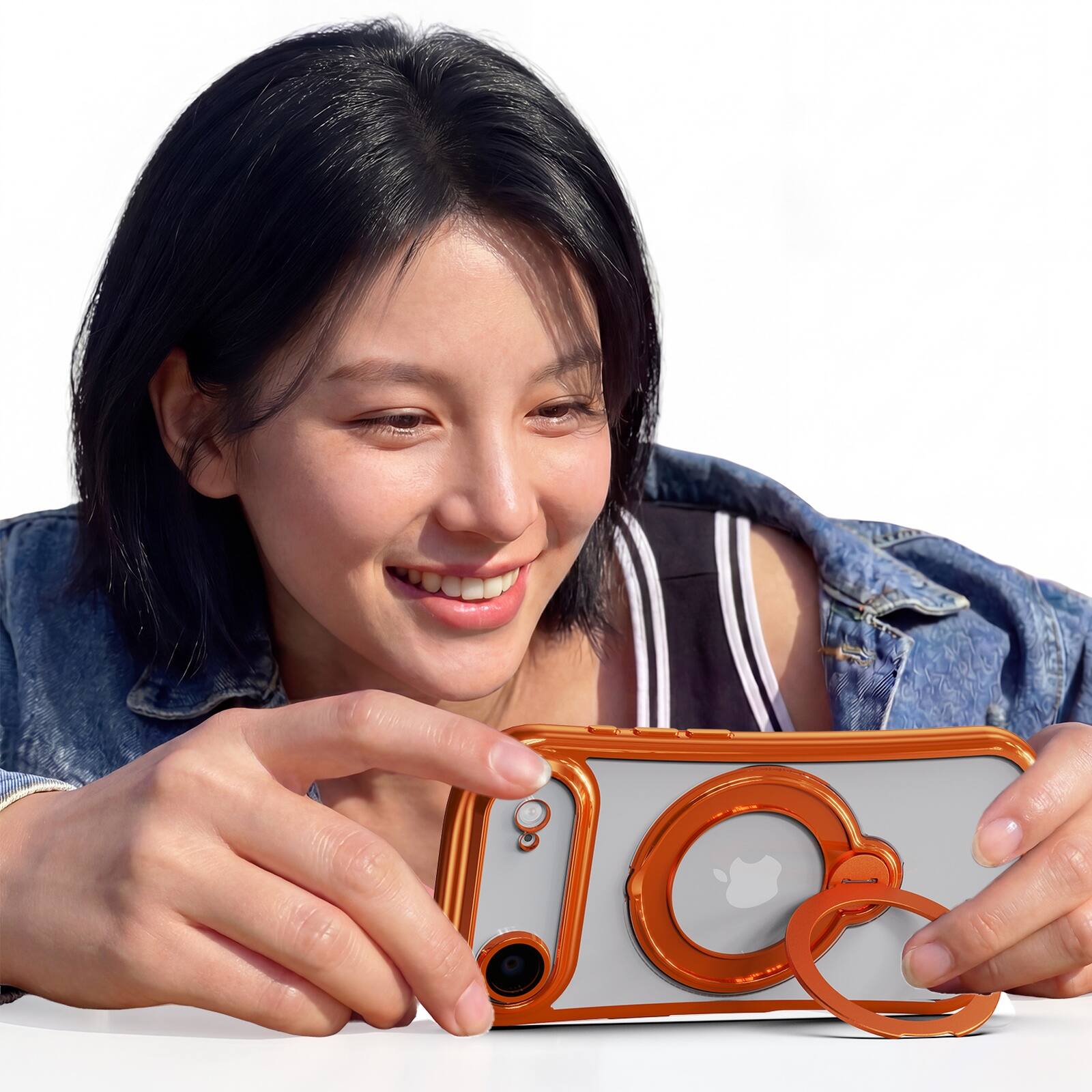 Left. Dteck - Magnetic Case for Apple iPhone Air with 360 Ring Stand and Strap, Shockproof TPU Phone Cover Built-in Lens Protector - Orange.