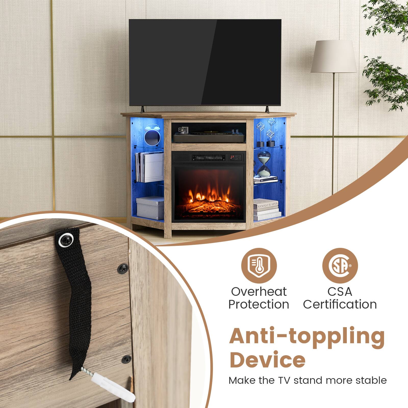 The text on the image is grouped and corrected as follows:

"Overheat CSA Protection Certification Anti-toppling Device Make the TV stand more stable."
