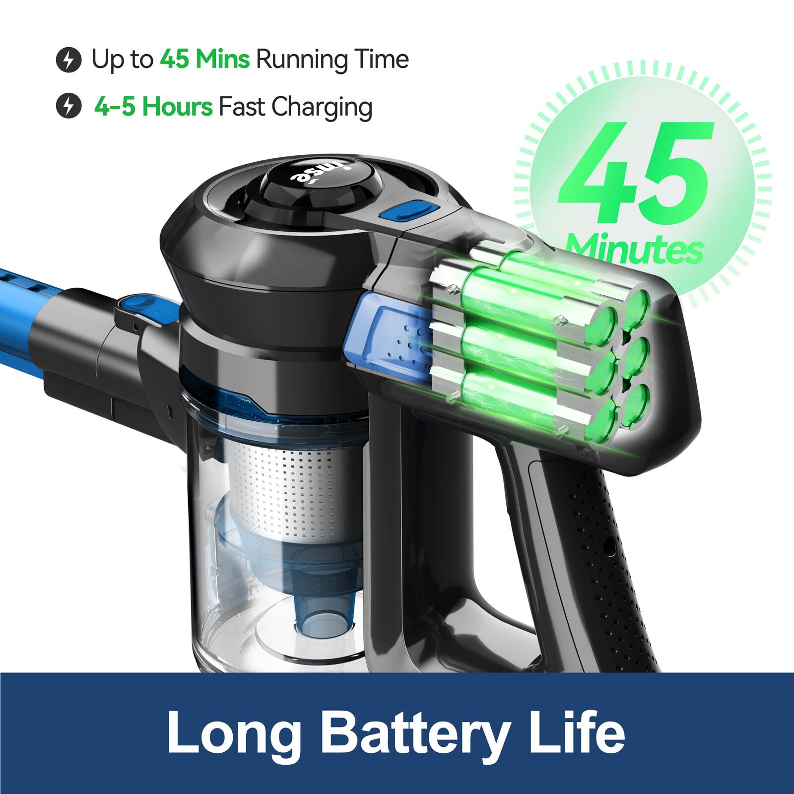 - Up to 45 Mins Running Time
- 4-5 Hours Fast Charging
- Long Battery Life