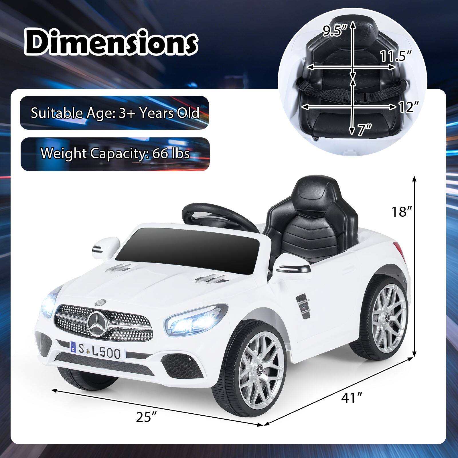 Dimensions: 9.5" x 11.5" x 7" x 12" x 18" x 25" x 41"  
Suitable Age: 3+ Years Old  
Weight Capacity: 66 lbs