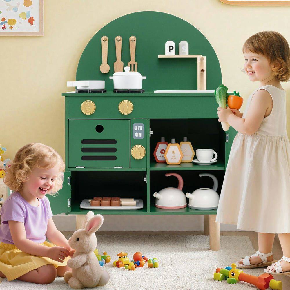 Alt View 5. Resenkos - Kids Wooden Play Kitchen with Stove, Sink, Microwave & Oven - Pretend Set - Green.