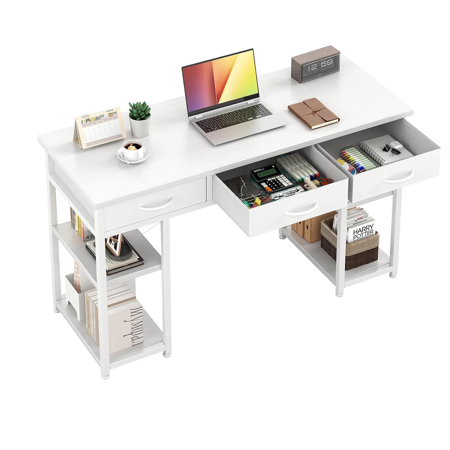 Zell Electronics - 43 Inch Black DeskThree Fabric Drawers, CPU Stand & Storage Shelves for Study or Home Office - White