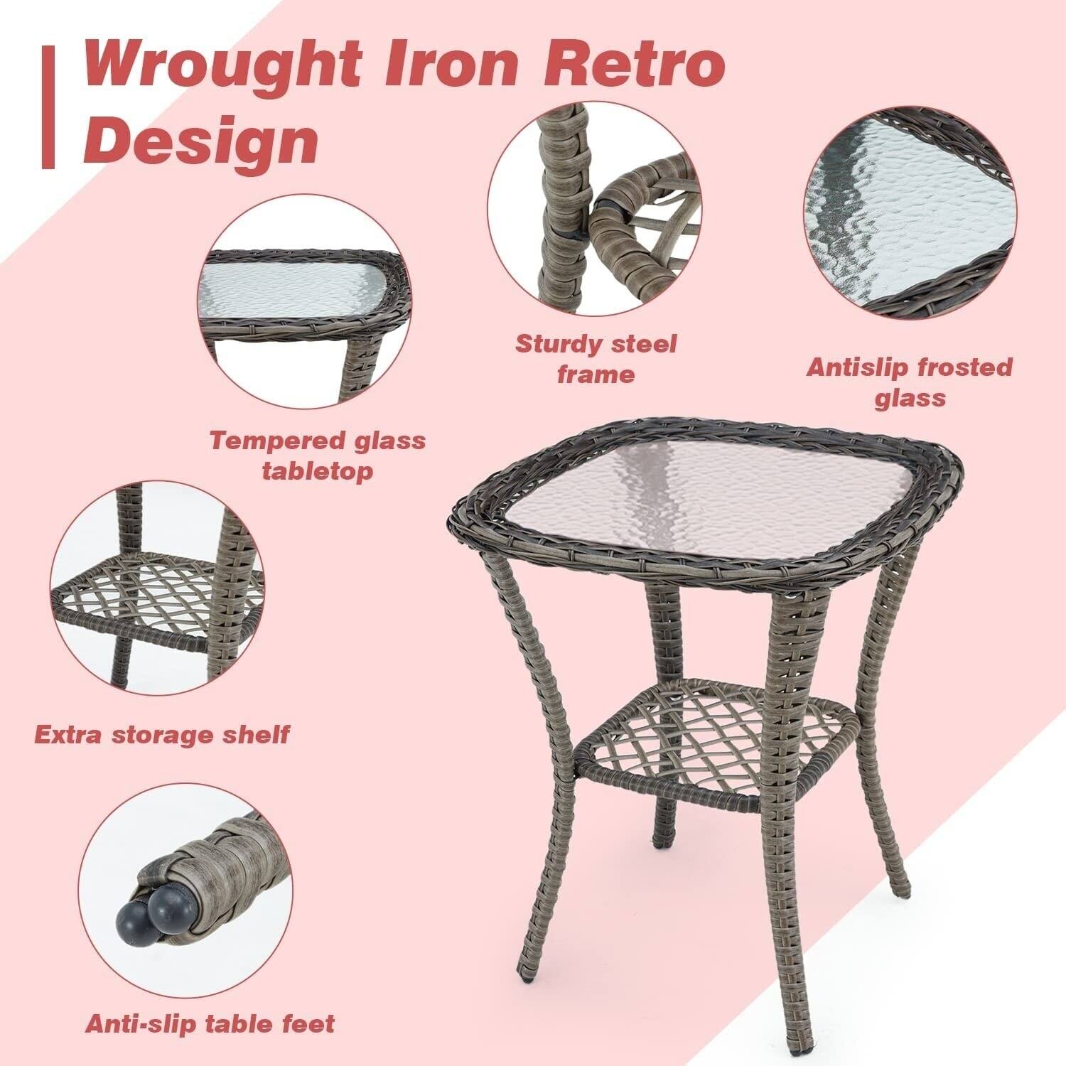 Wrought Iron Retro Design

- Tempered glass tabletop
- Sturdy steel frame
- Antislip frosted glass
- Extra storage shelf
- Anti-slip table feet