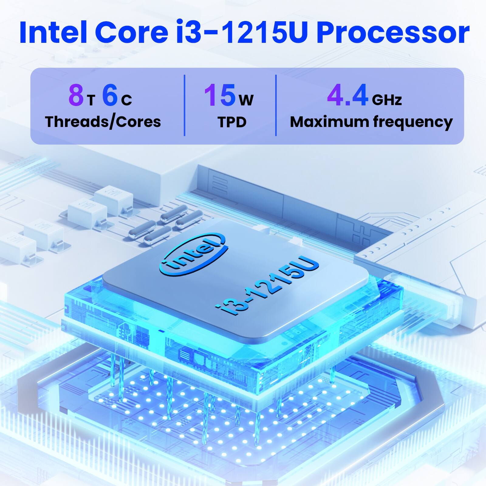 Intel Core i3-1215U Processor

- 8T 6C Threads/Cores
- 15W TPD
- 4.4 GHz Maximum frequency