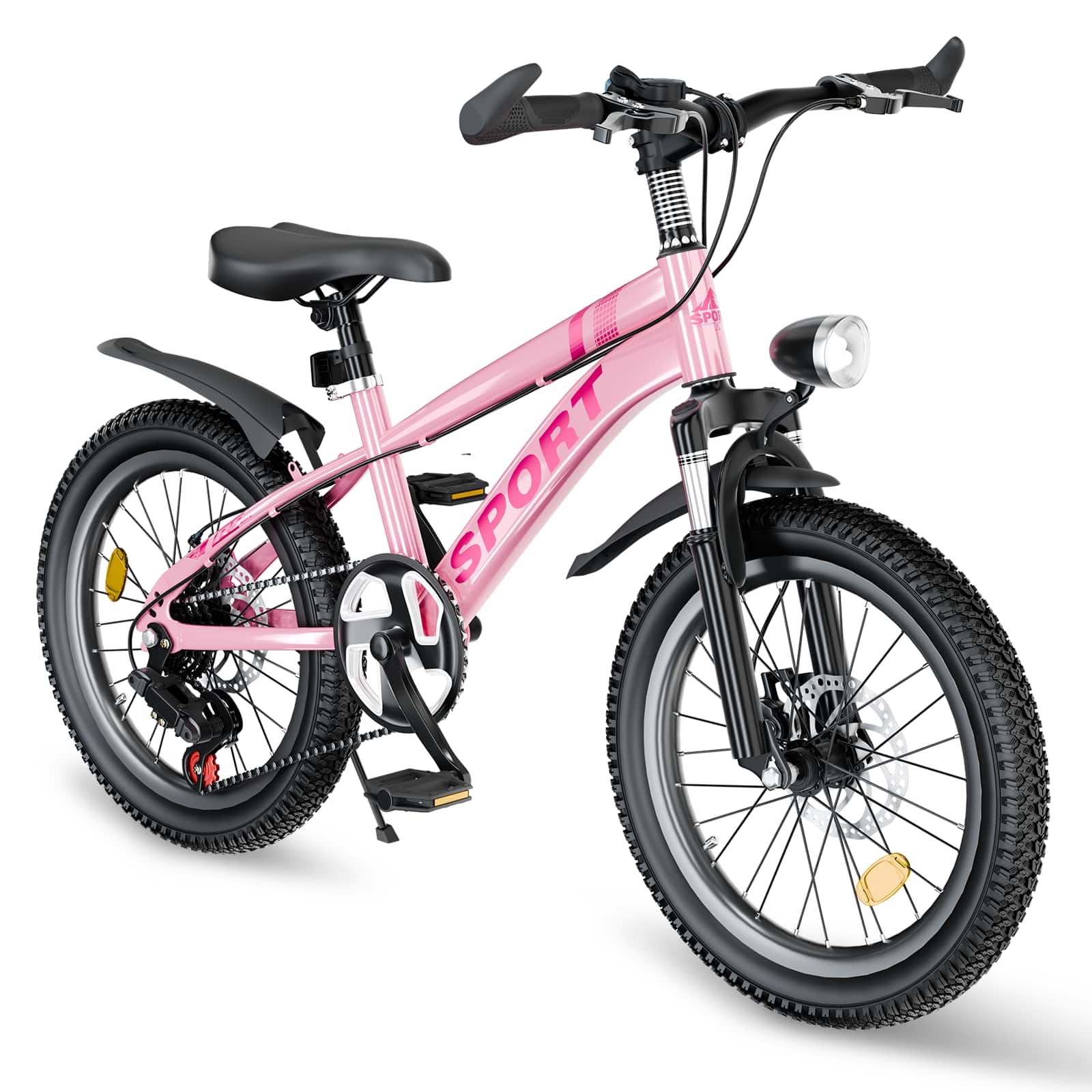 BreeBe - 24" Kids Mountain Bike for Boys & Girls 7-12, 7-Speed, Dual Disc Brakes, Front Shock, LED Light, Silver - Pink