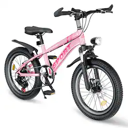 BreeBe - 24" Kids Mountain Bike for Boys & Girls 7-12, 7-Speed, Dual Disc Brakes, Front Shock, LED Light, Silver - Pink