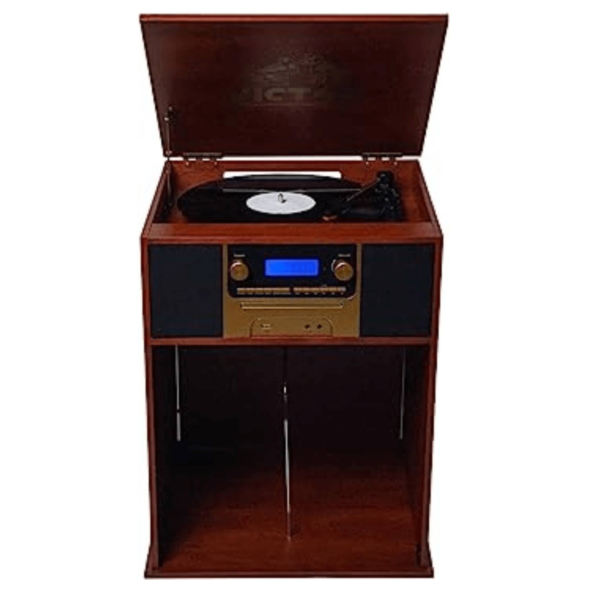 Victor Audio - Boyleston 7-in-1 3-Speed Turntable Music Center w Album Storage and USB Port - Mahogany