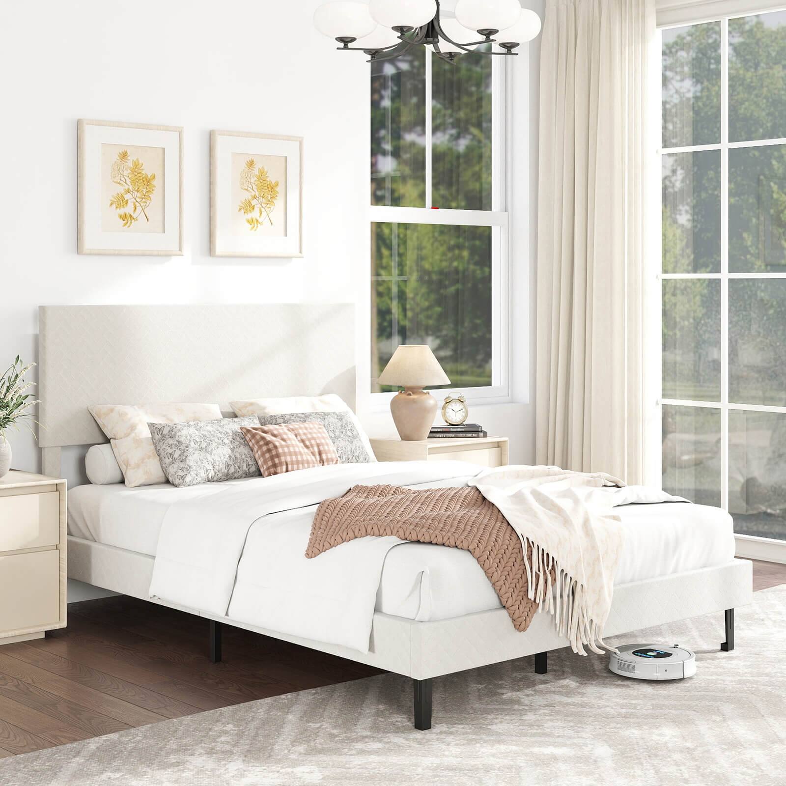 Alt View 1. Costway - Costway Full Size Velvet Bed Frame with Height Adjustable Chevron Headboard,Noise Free - Beige.