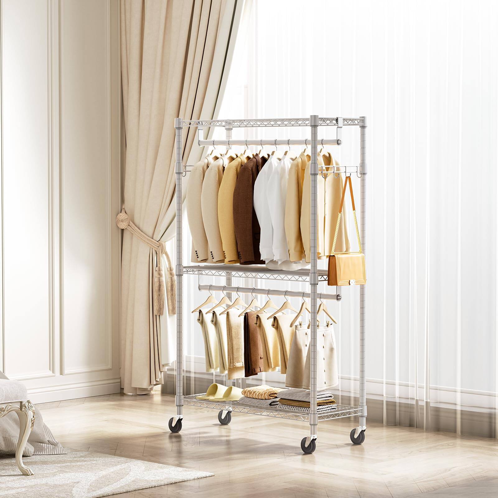 Back. Hirose Alice - Garment Rack Clothing Rolling Clothes heavy duty tiers adjustable wire shelving with and side hooks storage - White-3 Tier with 2 rod, 15.7"D x 29.5"W x 74.5"H.